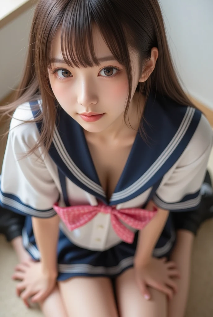 Twin-tailed hairstyles with braids, great laughter、(masutepiece, Best Quality:1.2), From above, 8K, Official art, Raw photo, unbelievable Ridiculous, (Upper body, (Sailor Uniform), serafuku, Sitting:1.4), Beautiful Girl, Idol face, arching back down, Pleated skirt,large full breasts:1.5、 thighs thighs thighs thighs, close up, (School uniform), Short sleeve, gardenia, violaceaess, , crass room, Looking at Viewer, No makeup, Film grain, chromatic abberation, Sharp Focus, face lights, Dynamic lighting, Cinematic lighting, Detailed face, Bokeh background, (Dark red bow tie:1.3)、Botanical Garden、