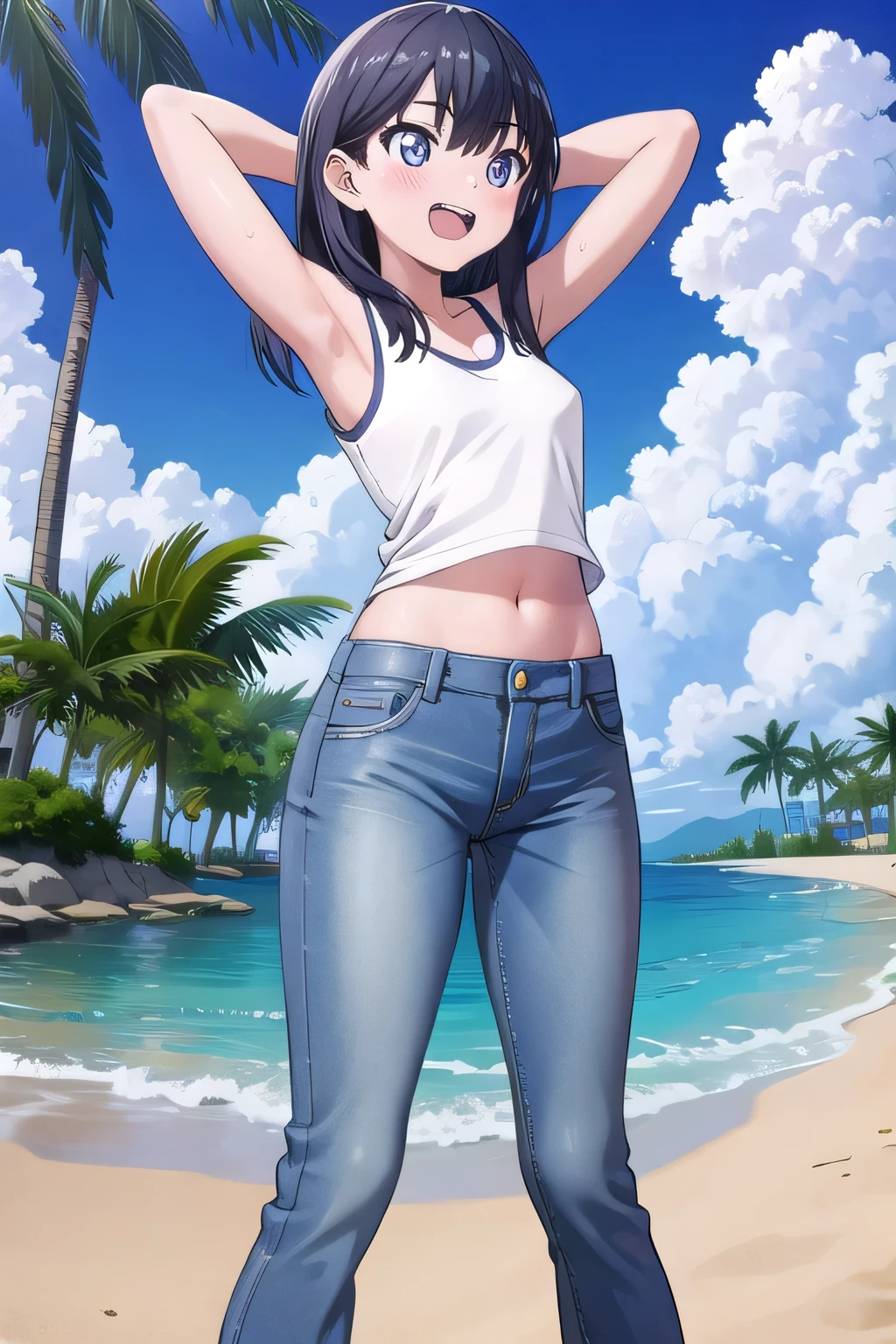 masterpiece,best quality,ultra detail, ((Perfect Face, Perfect Arms, Perfect hands, Perfect Fingers)), 1girl, , peti ((round face, ecstasy, orgasm face, drooping eyes, shame smiling, blush)), dropping eyes, sleepy, Open mouth, ((White teeth)), background((under the beach, (day:1.2), palm tree, bright sky)), rikka takarada, black hair, blue eyes, long hair, ((arms behind head, hands behind head, fingers behind head)), contrapposto, spread armpits, looking at viewer,, (white tank top:1.2), (white crop top:1.2), (jeans pants:1.2, flares jeans:1.2, skinny jeans:1.2, blue jeans:1.2), standing, (legs spread:1.4), sex pose, Sweaty crotch, Steam from the crotch, from below, ((full medium body))