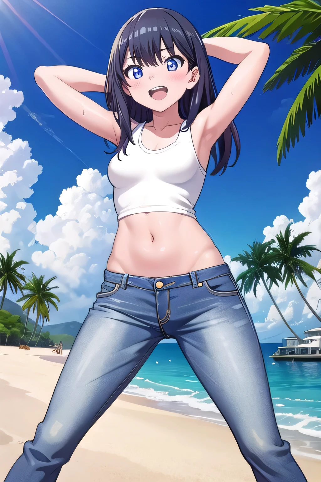 masterpiece,best quality,ultra detail, ((Perfect Face, Perfect Arms, Perfect hands, Perfect Fingers)), 1girl, , peti ((round face, ecstasy, orgasm face, drooping eyes, shame smiling, blush)), dropping eyes, sleepy, Open mouth, ((White teeth)), background((under the beach, (day:1.2), palm tree, bright sky)), rikka takarada, black hair, blue eyes, long hair, ((arms behind head, hands behind head, fingers behind head)), contrapposto, spread armpits, looking at viewer,, (white tank top:1.2), (white crop top:1.2), (jeans pants:1.2, flares jeans:1.2, skinny jeans:1.2, blue jeans:1.2), standing, (legs spread:1.4), sex pose, Sweaty crotch, Steam from the crotch, from below, ((full medium body))