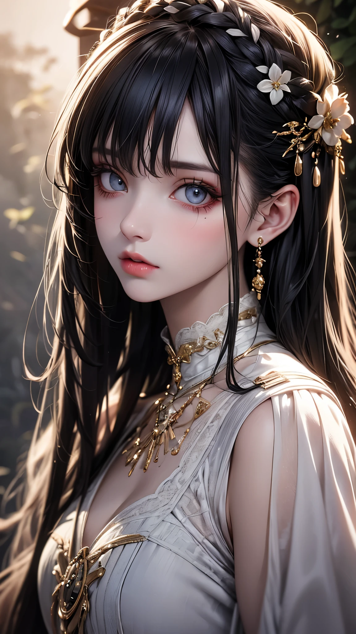 RAWphotograph, photograph, Realistic, 8K vivid photograph of a woman in nature, Super detailed, In detail, Dramatic Light, In detail beautiful eyes, Detailed skin, Depth of written boundary, Grey Eyes