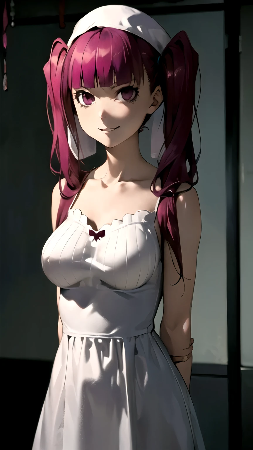 ((masterpiece,best quality)), {DATE_artstyle_LoRA : Manga_Style} {horror_edit} {horror_edit : creepy_room_aura} {horror_manga : gloomy} { rirukadokugamine :(purple hair, twintails, long hair, blunt bangs, cute), perfectly_shape_breast : perfectly_slender_body } { white_dress : strap : collarbone } {standing : arms_behind_head } { possessed : sinister : devious : evil : smile } { : dark otaku room : creepy : messy : toys and posters }