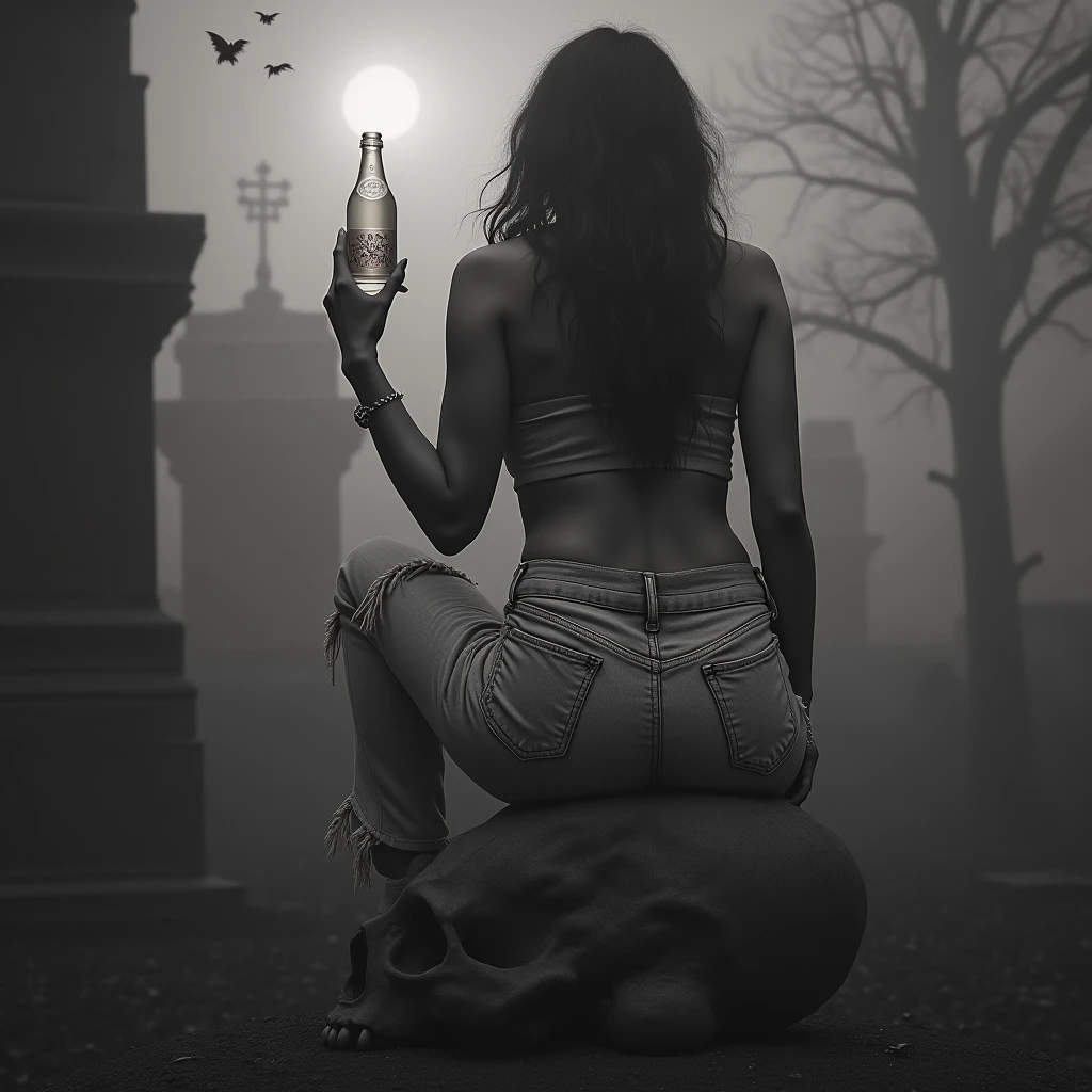 (black and white,masterpiece,photorealistic,ultra-detailed,8k,dramatic lighting,high contrast,chiaroscuro,ominous atmosphere) a dark and sorrowful landscape, a female demon with a curvy, sexy body eating flesh, surrounded by fire, lava, and heavy smoke, dramatic lighting creating high contrast and chiaroscuro effects