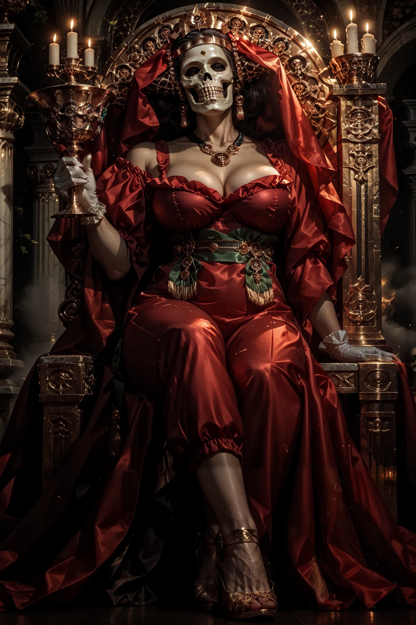 score_9, score_8_up, score_7_up, score_6_up, score_5_up, score_4_up, source anime,((masterpiece,best quality,high detailed)),((from below)),(side view),full body,((paradise lost)) ,( beautiful goddess, mature woman, :1.5),curvy, ,solo,alone,off shoulder, collarbone, cleavage,
(large breasts:1.3), dynamic pose, moody, epic, gorgeous, film grain, grainy,Horror,moody lighting, kl1mt,dramatic chiaroscuro lighting,((melancholic:1.5)),(sit on the throne),(crossed legs:1.1),post apocalyptic, motherharlotsmt, ((wearing a skull mask)), veil, jewelry,long red dress, puffy sleeves, gloves,long skirt,holding golden cup,