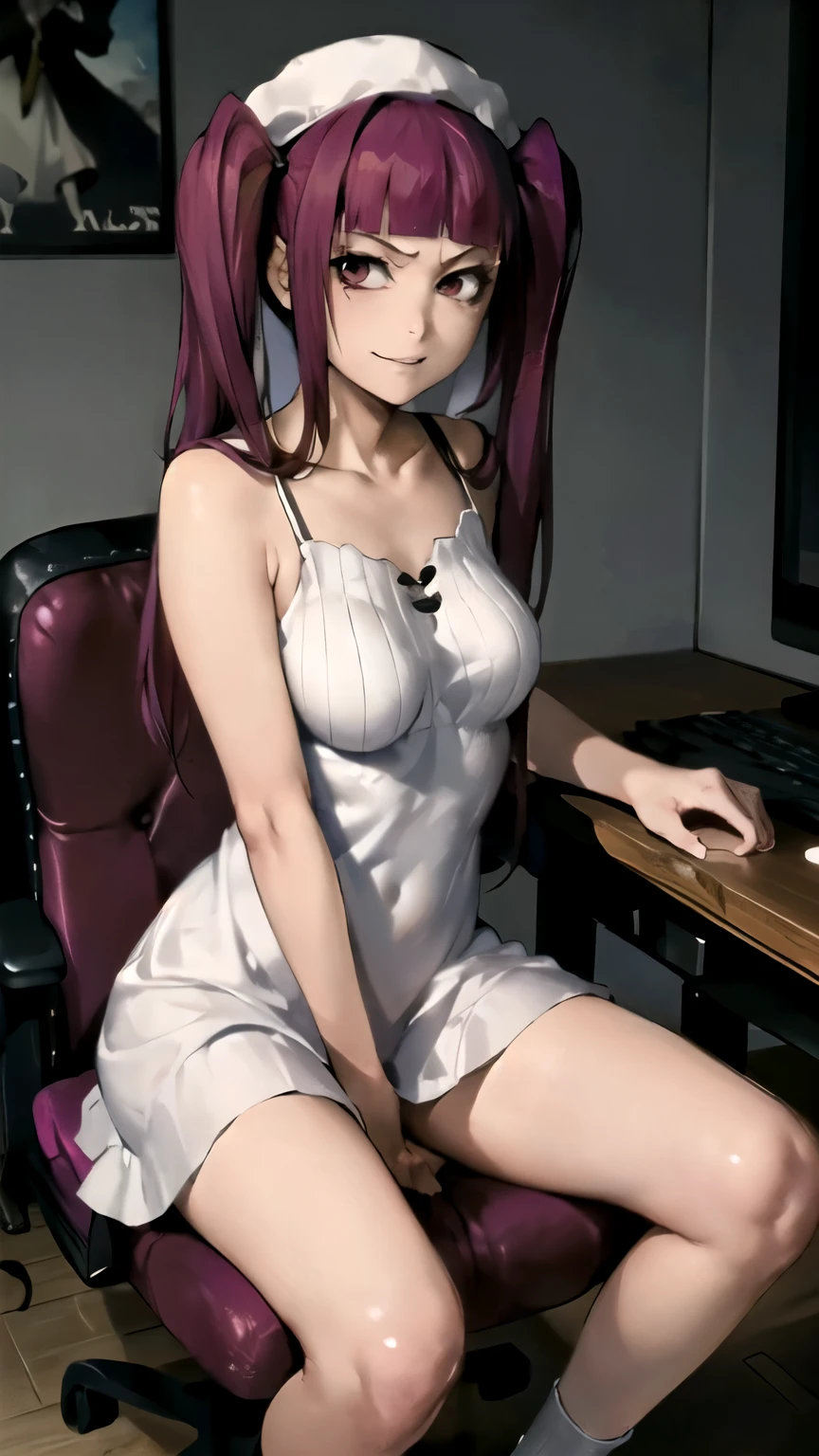 (((masterpiece,best quality)), {DATE_artstyle_LoRA : Manga_Style} {horror_edit} {horror_edit : creepy_room_aura} {horror_manga : gloomy} { rirukadokugamine :(purple hair, twintail, long hair, blunt bangs, cute), perfectly_shape_breast : perfectly_slender_body } { white_dress : strap } } {sitting_on_gaming_chair} { devious : sinister : possessed : smile } { mastrubating : fingering : wide_open_legs } { gaming_table : toys : posters otaku room : creepy : dark }