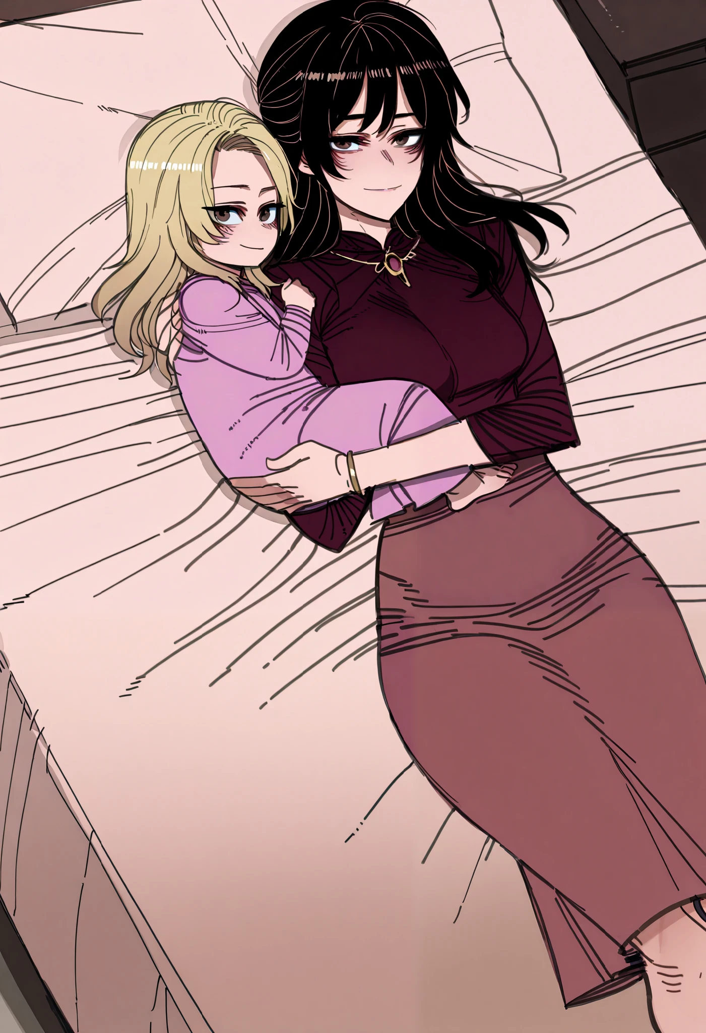 /upscale {{Artist: ratatatat74}} 2girl, medium breasts, blonde hair, long hair, brown eyes, gown, jewelry, lying on bed, playing, light smile. , black hair, long hair, brown eyes, princess skirt, smile, lying on bed, playing, palace, indoor, office, looking at viewer, from above.