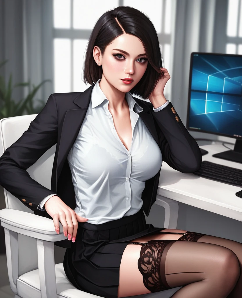 improve work-πrima, Ultra-detailed 3D rendering of realistic tabletopHuman, 1girl, sozinho, 8K分辨率, scientific fiction, marketing, cabelo azul longo, hair pulled back, estilo de cabelo Pony-tail, - Olhos Vermelhos, {eyeglass}, Faixa diamantada, {pele de lavanda}, sorrindo, olhando para o espectador, olhando para o espectador, {Jaleco}, Camisa, Skirt up to the knee, Meias, Sapatos, Leaning over a computer, Publicidade marketing, computadores, Tecnologia, Monitores, machines, dynamic lighting, cinematic lighthing, com decote da camisa bem aberto, camisa aberta realce os peitos, shirt without open button, peituda, Well-designed breasts and halo. peitos grandes, seios grandes 4k ultra-detalhado