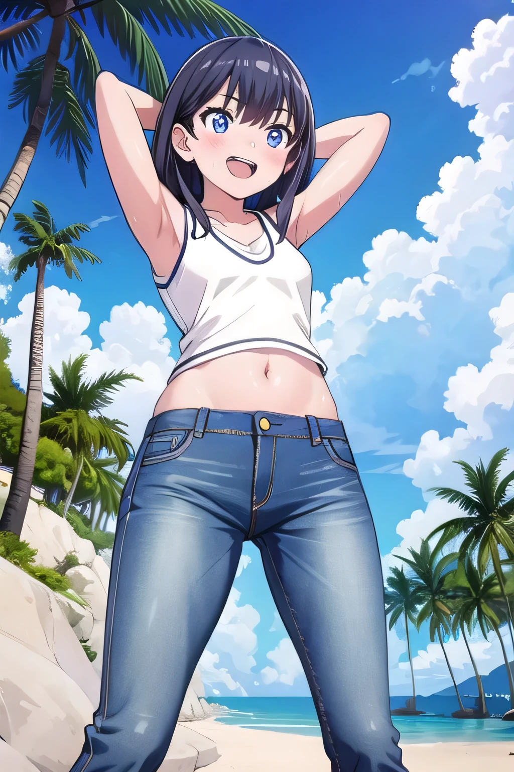 masterpiece,best quality,ultra detail, ((Perfect Face, Perfect Arms, Perfect hands, Perfect Fingers)), 1girl, , peti ((round face, ecstasy, orgasm face, drooping eyes, shame smiling, blush)), dropping eyes, sleepy, Open mouth, ((White teeth)), background((under the beach, (day:1.2), palm tree, bright sky)), rikka takarada, black hair, blue eyes, long hair, ((arms behind head, hands behind head, fingers behind head)), contrapposto, spread armpits, looking at viewer,, (white tank top:1.2), (white crop top:1.2), (jeans pants:1.2, flares jeans:1.2, skinny jeans:1.2, blue jeans:1.2), standing, (legs spread:1.4), sex pose, Sweaty crotch, Steam from the crotch, from below, ((full medium body))
