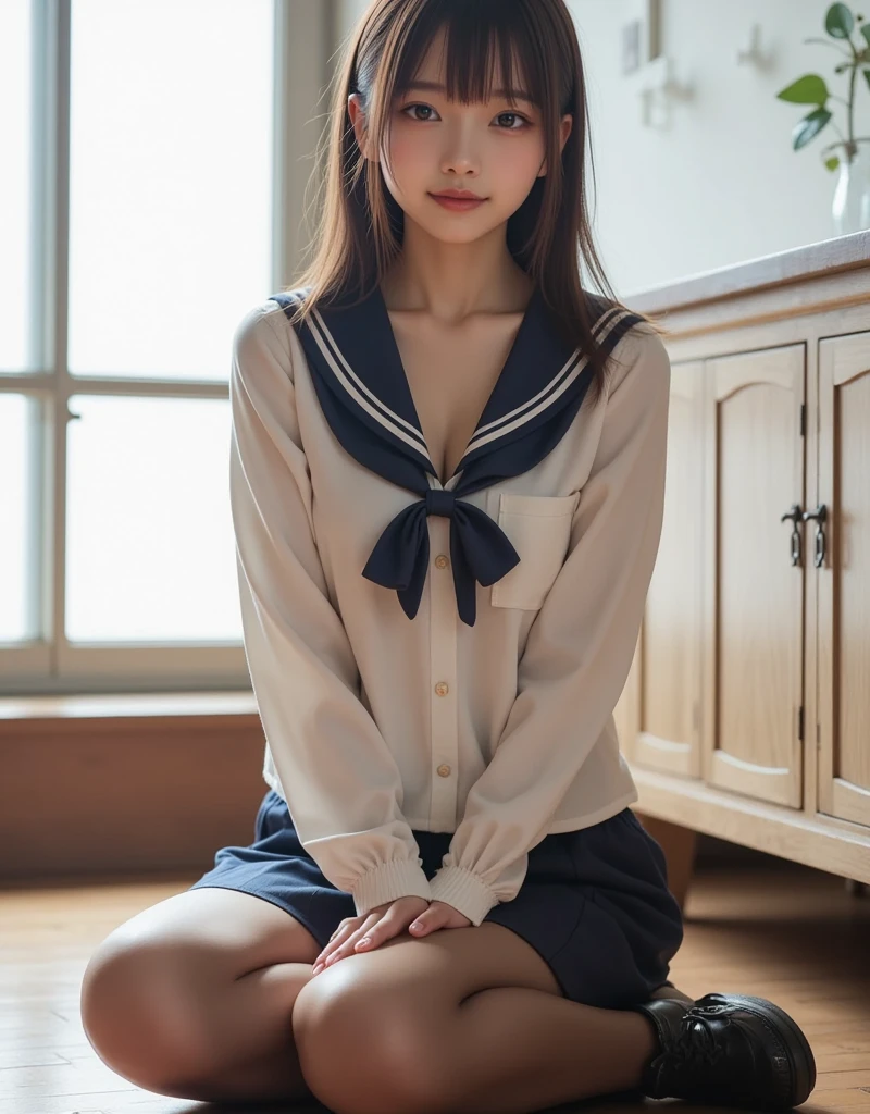 (masterpiece, best quality, ultra-detailed, 8k, wallpaper, photorealistic), (1girl, 18 years old, Japanese student:1.5), (medium shot, from below:1.4), voluptuous body, nice hands, perfect ???????, (bursting breasts:1.3), long round legs, round ass, alluring girl, (wears a crisp white blouse, a canvas for camaraderie, often adorned with a sailor-style collar:1.2), (wears knee-length and pleated, red school skirt), (Low Ponytail with Ribbon), seductive pose, (crouching), looking at the viewer