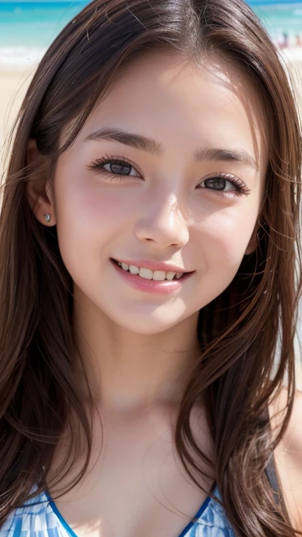 highest quality, masterpiece, Ultra-high resolution, (Realistic:1.4), (Close-up portrait) RAW Photos, 1 girl,20-year-old,((Inside the Shinkansen)),((look up)),((Posing with index finger on lips)),,((Jet black hair girl&Ponytail and hair tie)),((High Fashion)),Messy Hair,((Cap Chestnut)),((Short bangs)),Realistic,Image Media Chest)),((Smiling with teeth showing)),((Big smile))