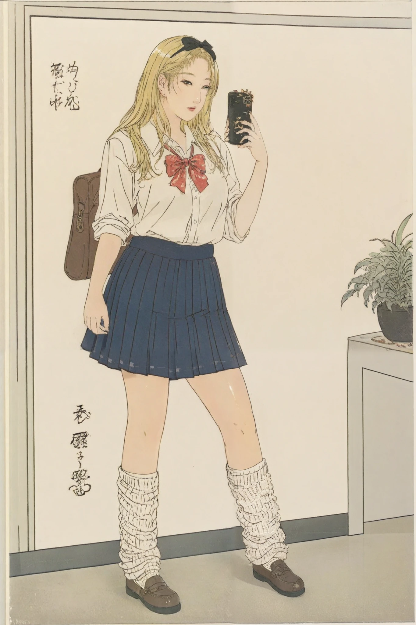 score_9, ((masterpiece,best quality,high detailed)), (solo forcus ),(curvy), looking view,whole body,improve,gal,kuro gal,blonde hair, ( beautiful straight hair),(Shiny Skin),smartphone,school girl,white shirt, pleated skirt,mini skirt,loose socks ,Utamaro_style 1 girl , 長い髪,
