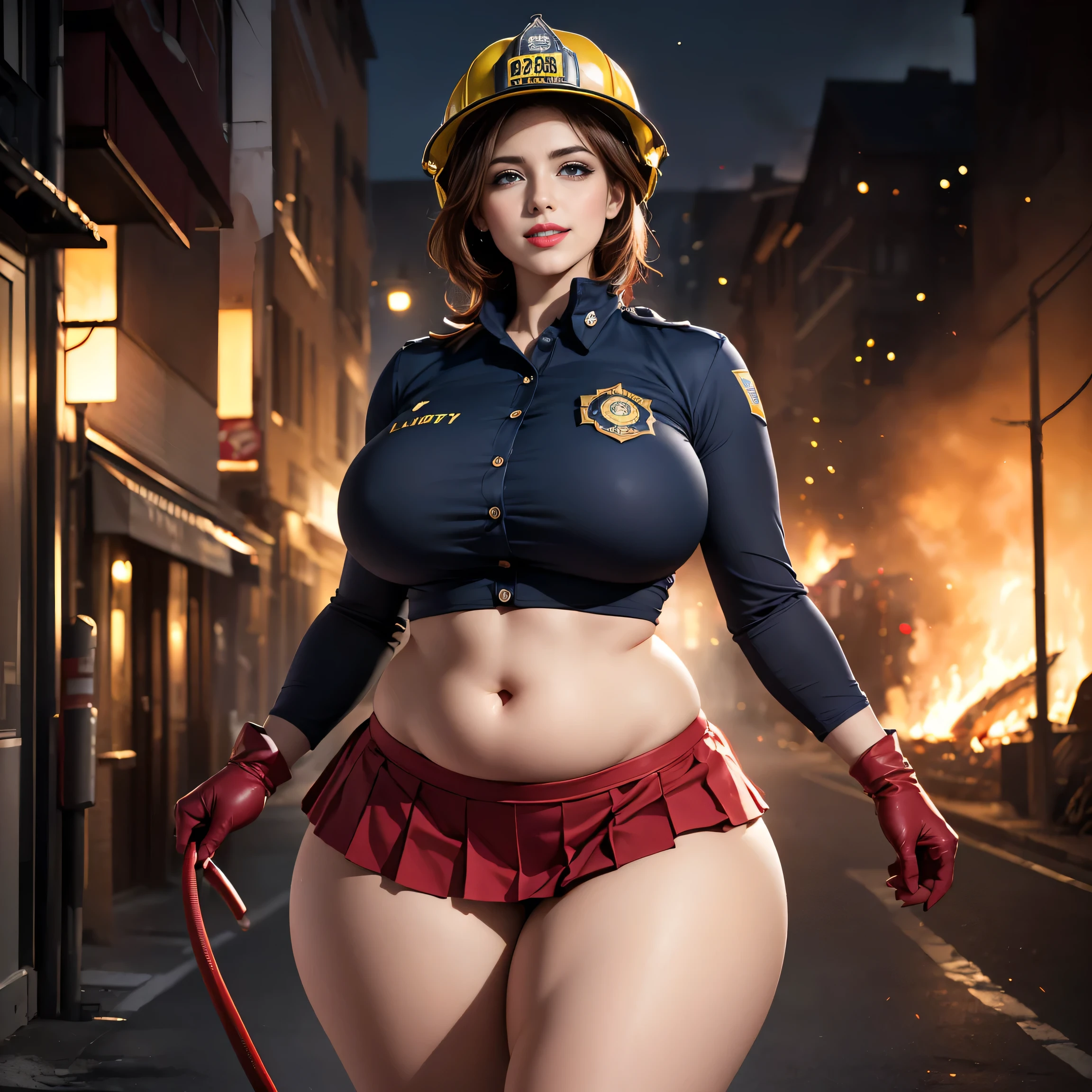 woman, ((Masterpiece, best quality)), full body view, firefighter, burning building, bursting huge breasts, detailed skin, Anna from Frozen as a firefighter, helmet, firefighter swimsuit, highly detailed, cinematic lighting, ultra realistic, blush, looking at viewer, anna, anna from frozen, princess, disney, brown hair, long hair, portrait, cleavage, large breasts, wide hips, full body view, tall, (chubby:1.2), (huge breasts:1.2),