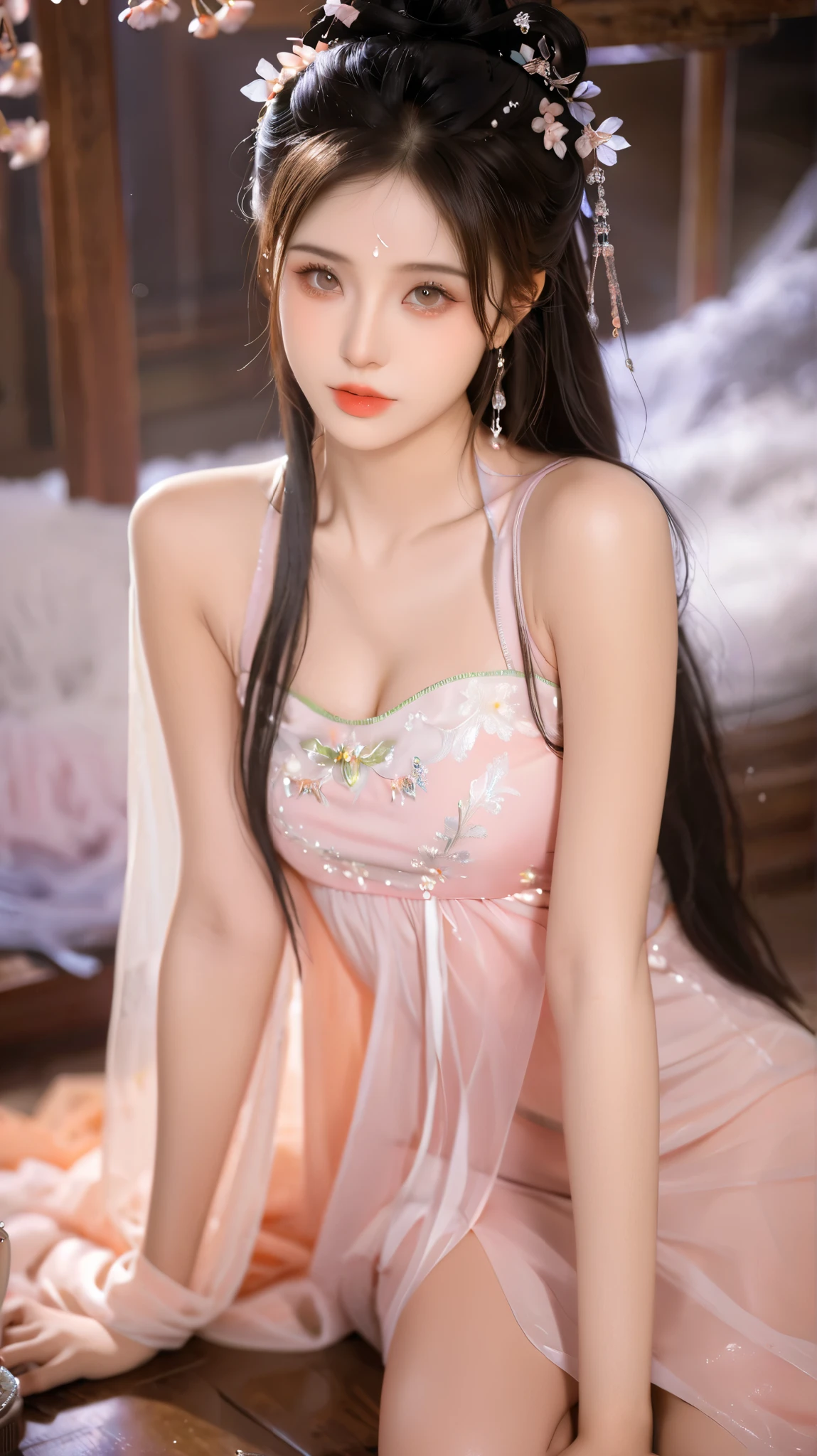 (masterpiece, the best_quality, S上er detailed, 8k, Ultra-high resolution, perfection:1.shining eyes, shy, Blushed, Moist oily skin,  chest,Big Thighs，Skimpy, Facing the audience, Korean Goddess, Thick lips，Gorgeous Korean model, Beautiful young Korean woman, Thick lips，Duck mouth，18-year-old girl,Asian Girl,Portrait photography，Realistic Face,White skin，CG-like face，Beautiful Skin,Luxury，On the bed,Shiny hair,Flowing Hair,Cowboy Shot,Cosplay((A graceful woman in a yellow Chinese qipao dress, with intricate gold embroidery))(((Crotch is visible,Spread your legs,With legs apart,Detailed genitals,Detailed chest,Detailed nipples,Naked girlfriend))),((White liquid on the body,Wet,Lying on your back,Men and sex,Inserted into the genitals))