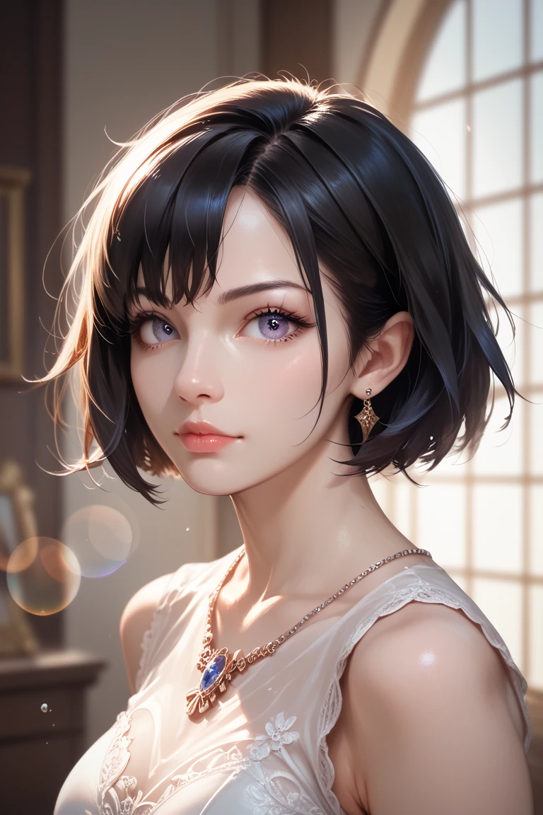 ((Realistic light、top-quality、8k、masterpiece:1.3))、1girl in、A pretty woman with perfect figure:1.4、abdominals:1.1、(brown haired、huge-breasted:1.5)、Arabic address:1.2、a bed、hyperdetailed face、A detailed eye、二重まぶた、perfect hands perfect fingers perfect breasts perfect hair perfect face perfect body