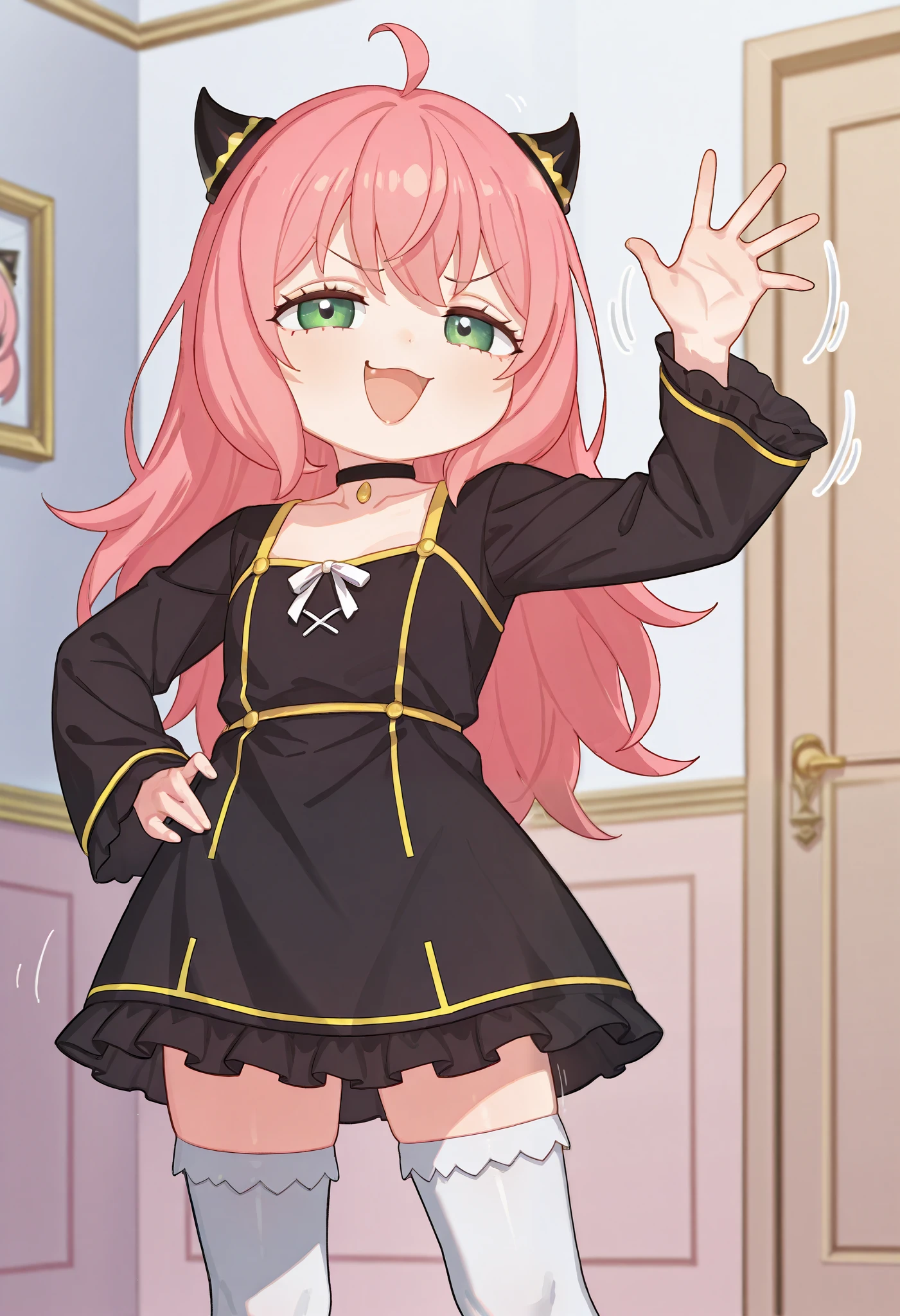 score_9, score_8_up, score_7_up, , BREAK
anya, 1girl, green eyes, pink hair, long hair, ahoge, black horns, black choker, black dress, white thighhighs, model pose, hand on hip, hand movement, waving, motion lines, open mouth, smug,
BREAK
solo, indoors, standing,