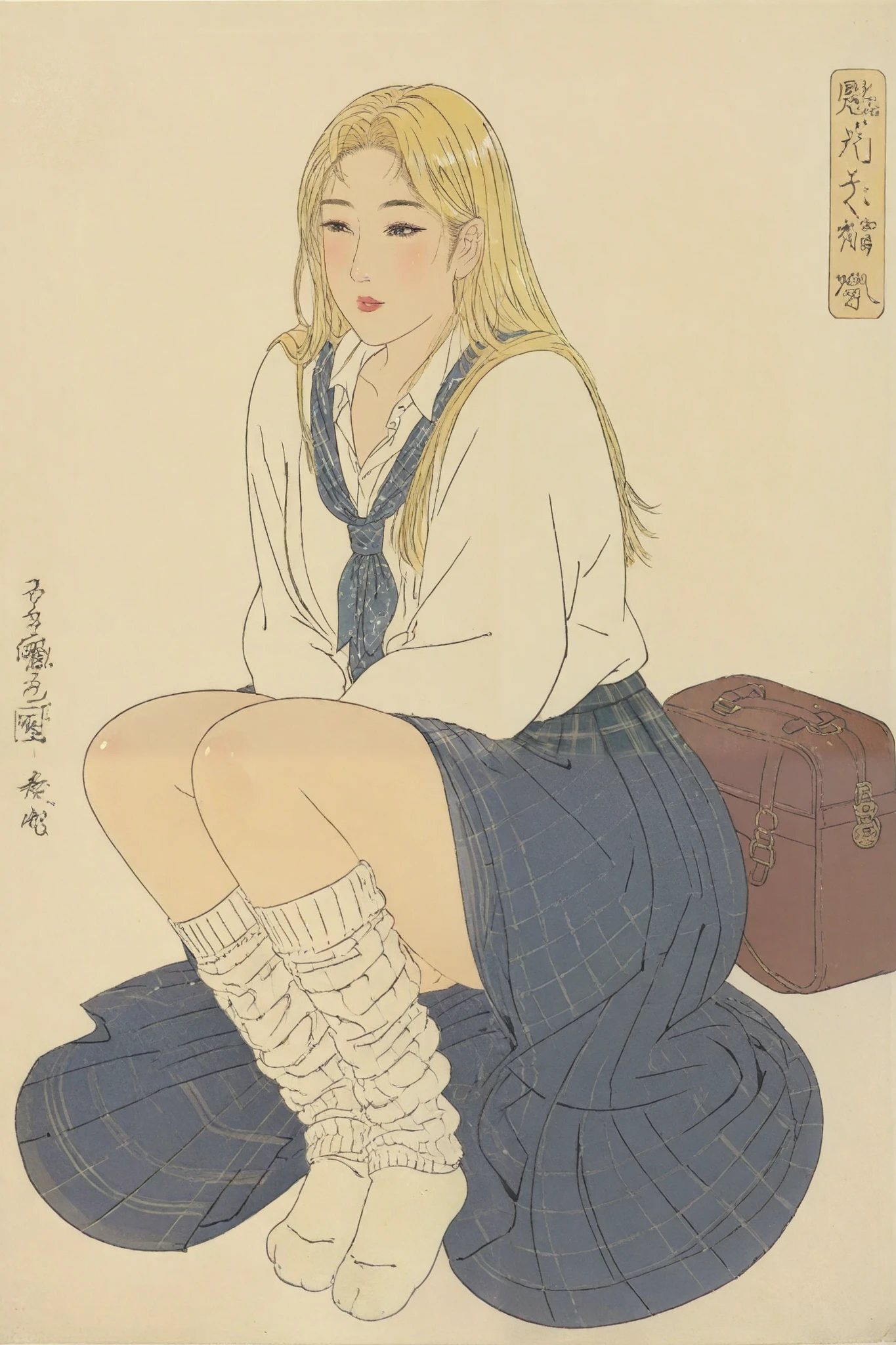 score_9, ((masterpiece,best quality,high detailed)), (beautiful goddess,solo forcus ),(curvy:1.5), looking view,sit down,panty,whole body,improve,gal,kuro gal,blonde hair, ( beautiful straight hair),(Shiny Skin),smartphone,school girl,white shirt, pleated skirt,mini skirt,loose socks ,Utamaro_style 1 girl , 長い髪, クローズアップ,