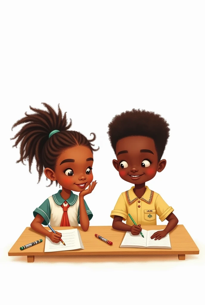 "Une illustration montrant deux enfants africains travaillant à une table d'école. La fille, portant des tresses et un uniforme, tient un crayon et semble réfléchir en souriant légèrement. Le garçon à côté d'elle est concentré sur son devoir, portant une chemise claire avec des motifs colorés sur les manches. Des outils scolaires comme une règle et une équerre sont posés sur la table. L'arrière-plan est blanc, mettant l'accent sur les enfants et leurs activités." Le style artistique est simple, chaleureux et adapté aux jeunes enfants, avec des traits doux.