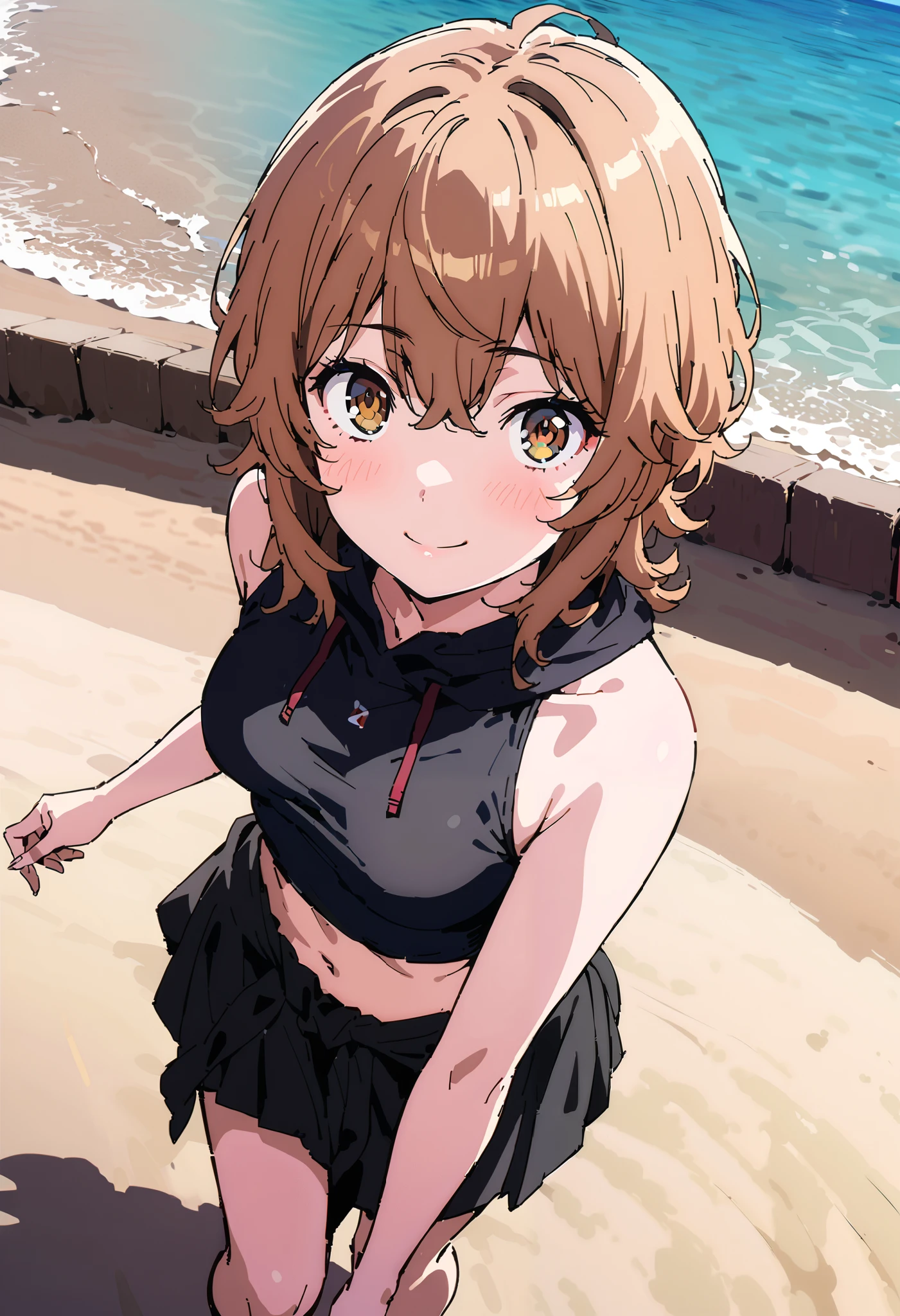   Liliru Card, Lilyrka is burning  ,   brown eyes,  tea hair,    short hair while on a business trip, smile,blush, mouths, small boobs ,Yellow bikini swimsuit,黒色   Beach   サロン, I am wearing a long black skirt around my waist,   walking   ,   barefoot,Bare legs,whole bodyがイラストに入るように,
break looking at viewer,whole body,
break indoors,  sandy beach,   Beach   ,, 
break (Masterpiece:1.2),    best quality   ,    high resolution,    Unity 8K Wallpaper  , (shape:0.8), (   accurate and beautiful eyes  :1.6),     very elaborate face  ,    PERFECT LIGHTING   ,    I rely on very accurate CG , (perfect hand,    perfect anatomy),
