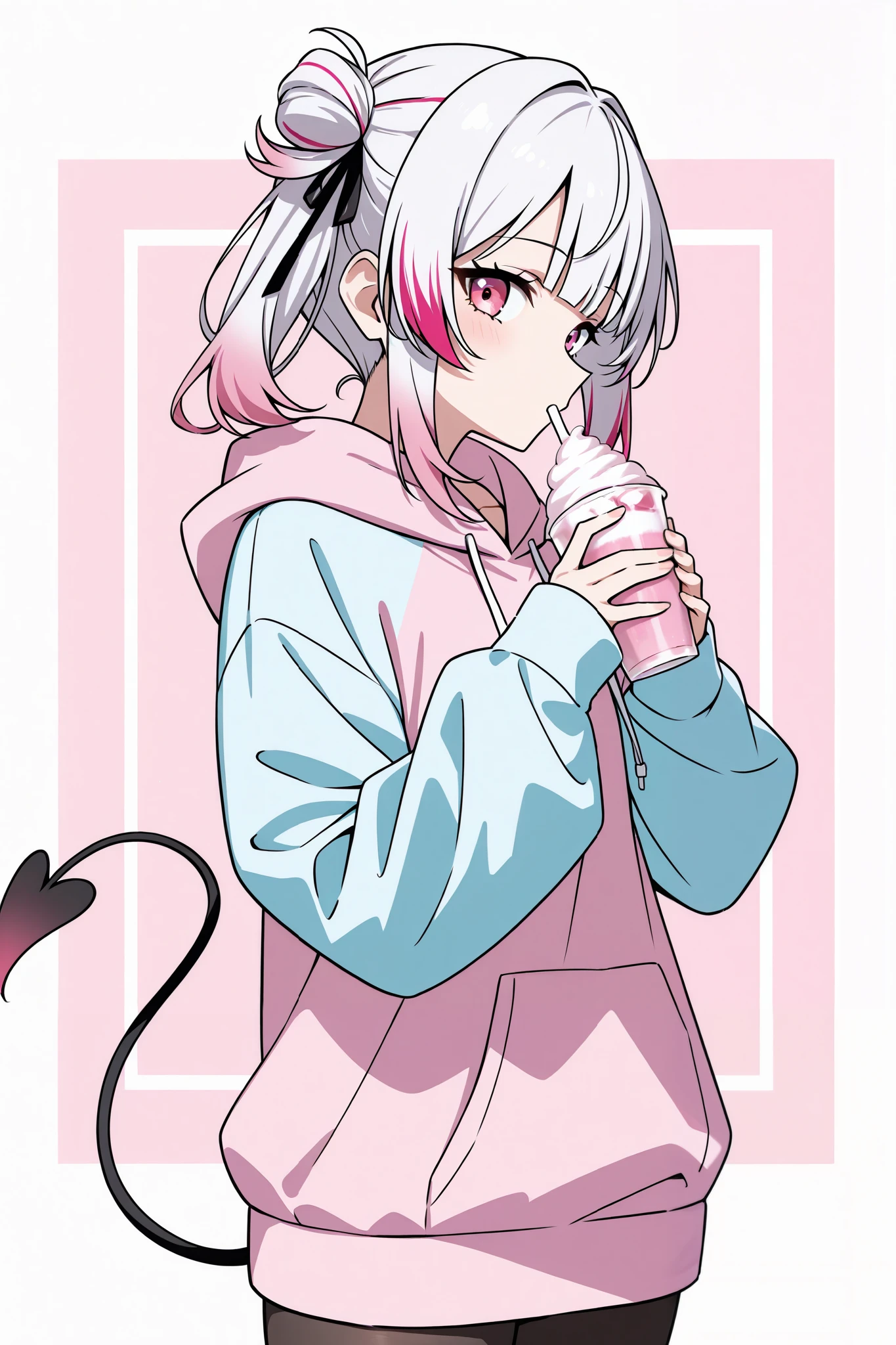 A profile photo. A gamer girl with black and white long-pig tailed hair. She has pink eyes, Pastel hoodie, Pastel gamer bedroom background, Milkshake 