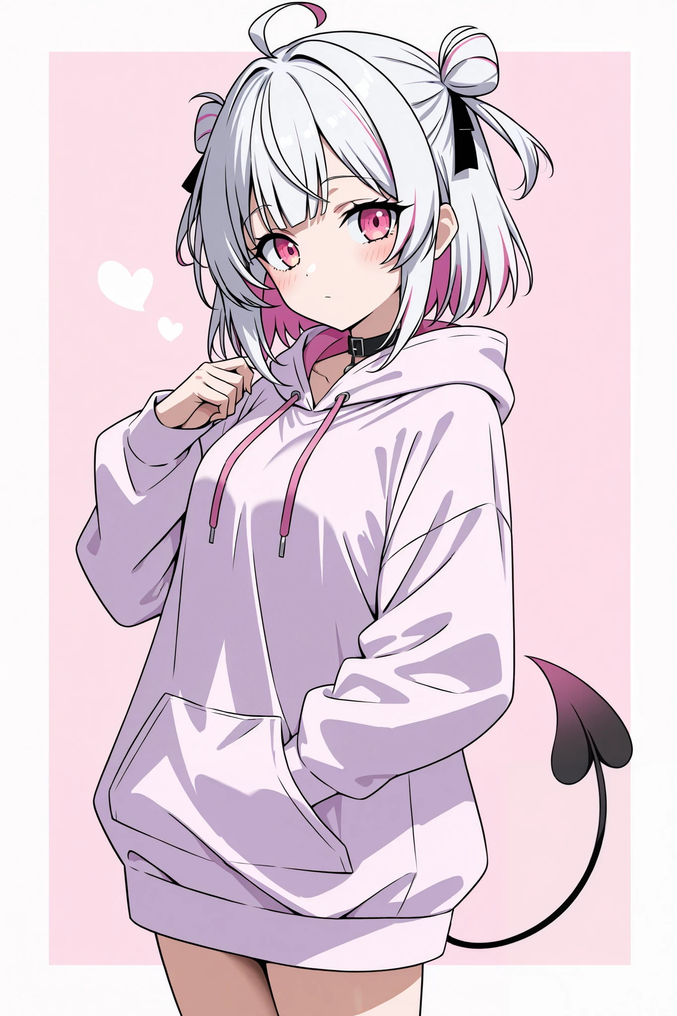 A profile photo. A gamer girl with black and white long-pig tailed hair. She has pink eyes, Pastel hoodie, Pastel gamer bedroom background, Milkshake