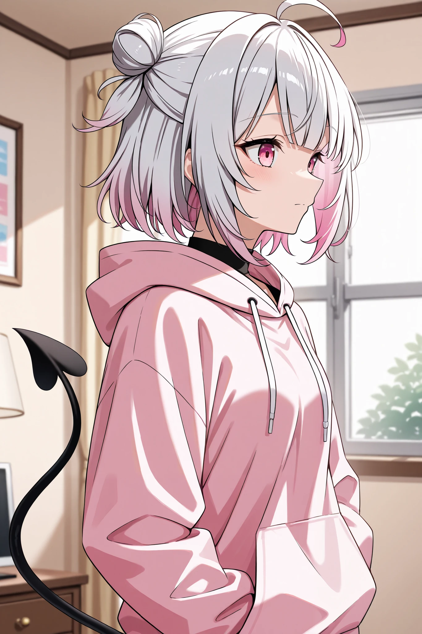 A profile photo. A gamer girl with black and white long-pig tailed hair. She has pink eyes, Pastel hoodie, Pastel gamer bedroom background, Milkshake 
