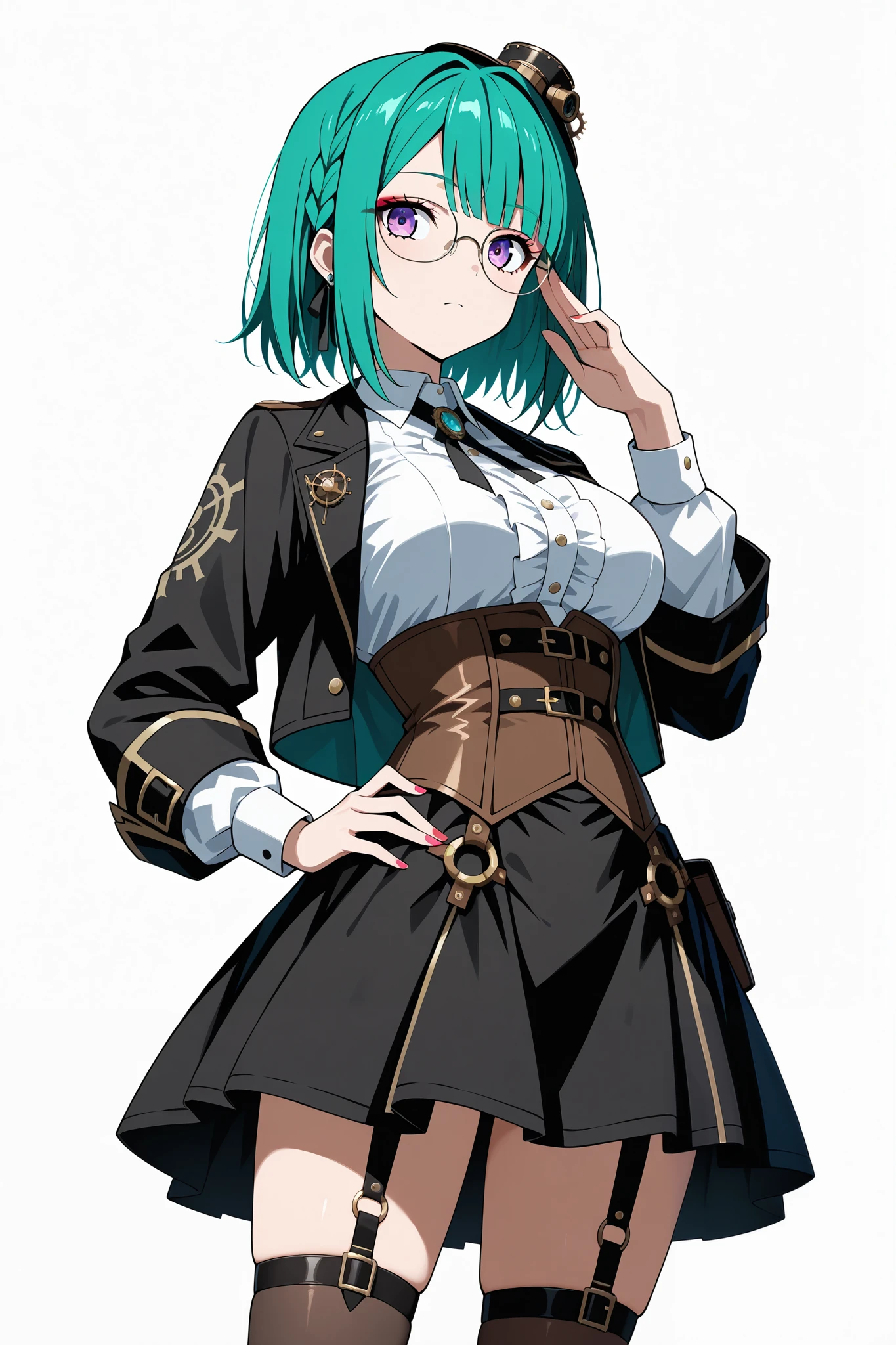 ((Superior quality,UHD,Masterpeice)), Anime style illustration, female with glasses, steampunk style, short green hair, pretty detailed purple eyes, corset, tight skirt, neo-goth elements mixed with steampunk style, science-core, kawaii-core, makeup, intricate details, upper dynamic angle, masterful technique