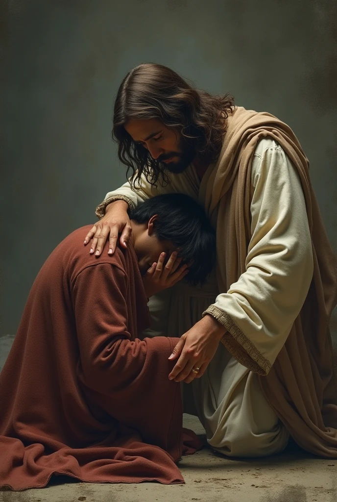Make a 16 year old curly haired boy crying kneeling and hugging Jesus' legs