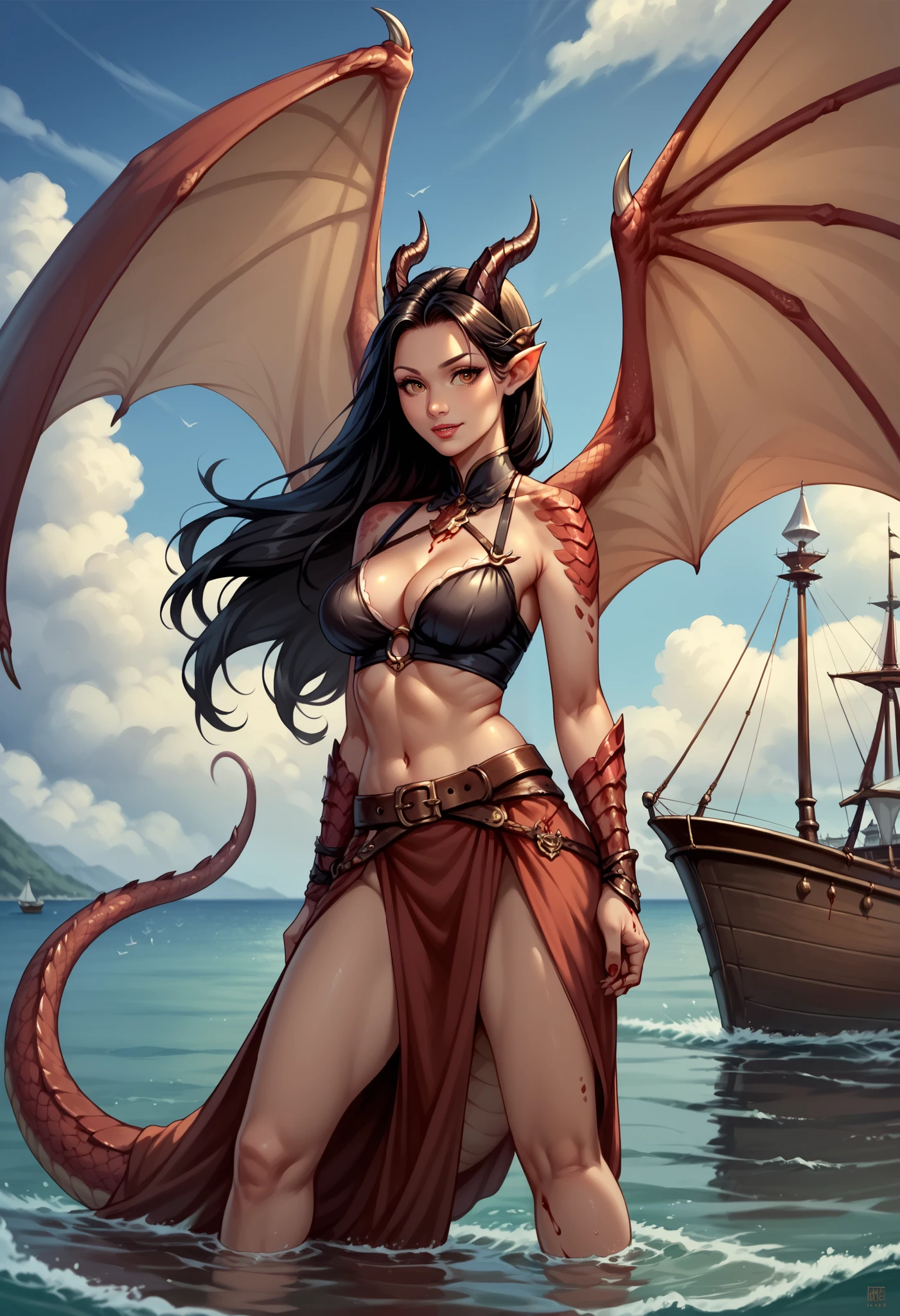 dragonborn, female, horns, tail, wings, watercraft, One, Ship, long hair, tail, black hair, dragon girl, dragon horns, blood, Scales, dragon wings, belt, water, signature, I look at the viewer, sky, on open air, standing, mark on face, cloud, monster girl, Brown hair, a boat, Scales
, ((masterpiece, Best quality)), art by Greg Rutkowski