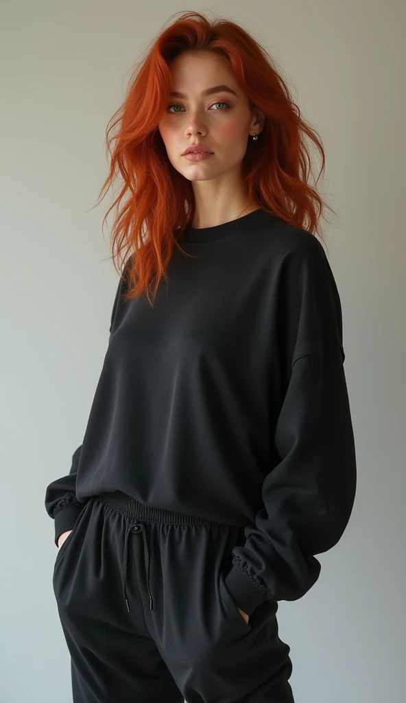 a woman with orange hair wearing a preto sweatshirt and grey pants, preto sweater, wearing a preto sweater, Manga compridas, wearing a dark sweater, preto clothing, Manga comprida, casual preto clothing, vestindo moletom, main colour - preto, preto oversized clothes, preto shirt, centre image, preto wool sweater, mulher de meados dos 20 anos, Retrato frontal, Roupa casual, preto