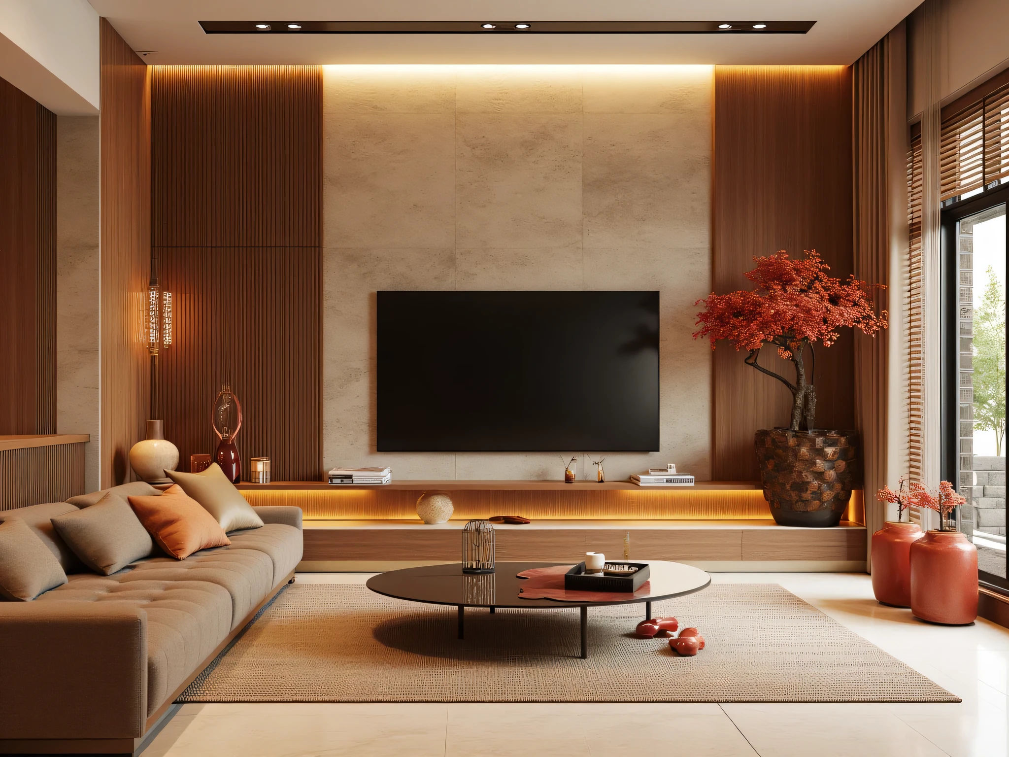 Design a modern and cozy living room with materials mainly wood and stone, bring Vietnamese Chinese New Year space . The room should have elements such as :
1. Walls and floors made of natural stone or imitation stone tiles to create a feeling of solidity , luxurious.
2. The interior is mainly made of natural wood , includes wooden sofa , TV Shelf, tea table and limbs Decorative details such as bookshelves , wardrobe .
3. Decorated space with Tet style with items items like : peach, Apricot tree , Red lantern, New Year's Eve Sentence
! 4. Tạo điểm nhấn bằng ánh sáng Yellow nhẹ từ đèn trang trí, combine with open and open spaces to create a cozy feeling , unionists.
5. The dominant color is red , Yellow, green , harmoniously combines traditional and modern elements ."
