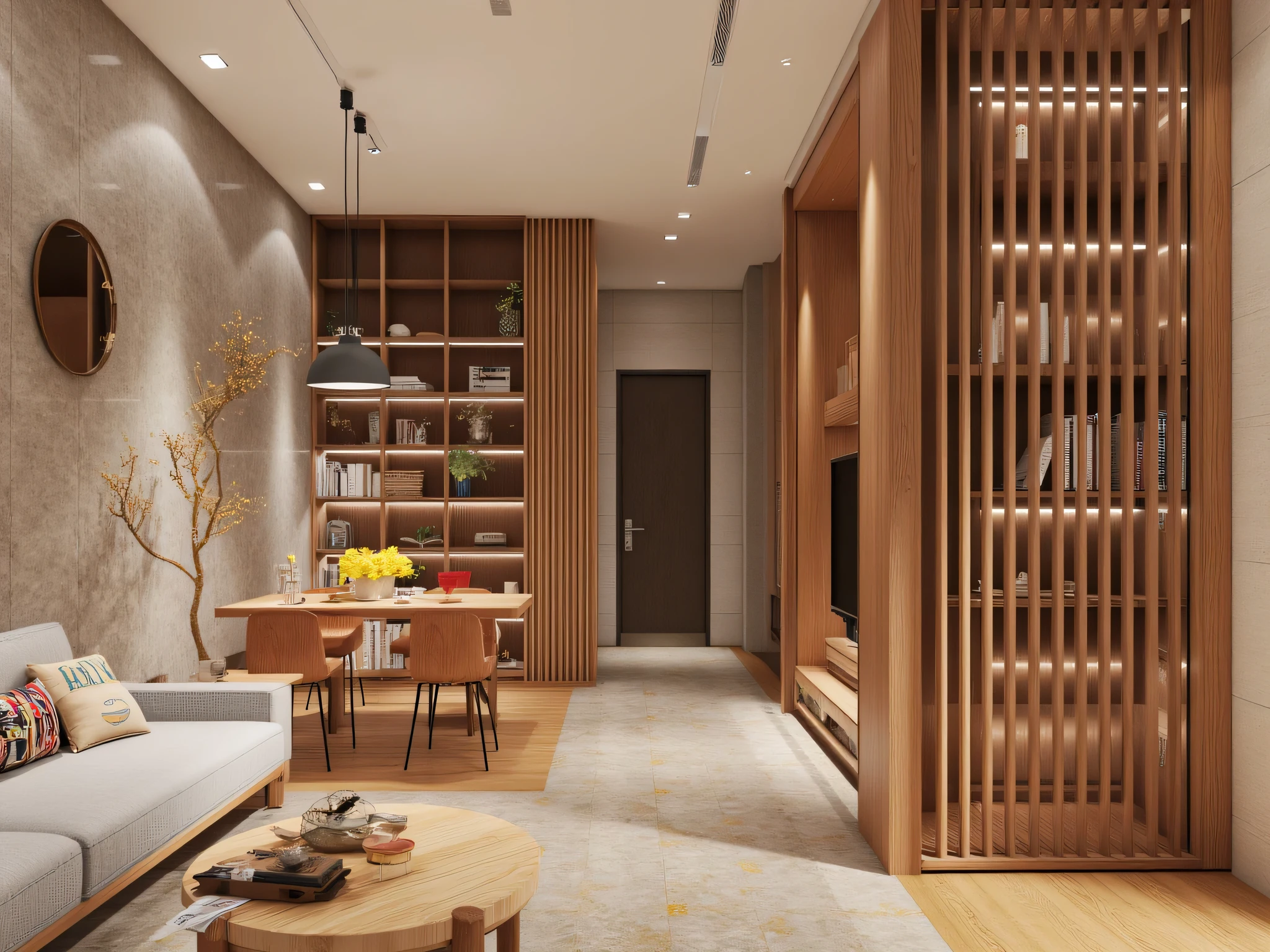 Design a modern and cozy living room with materials mainly wood and stone, bring Vietnamese Chinese New Year space . The room should have elements such as :
1. Walls and floors made of natural stone or imitation stone tiles to create a feeling of solidity , luxurious.
2. The interior is mainly made of natural wood , includes wooden sofa , TV Shelf, tea table and limbs Decorative details such as bookshelves , wardrobe .
3. Decorated space with Tet style with items items like : peach, Apricot tree , Red lantern, New Year's Eve Sentence
! 4. Tạo điểm nhấn bằng ánh sáng Yellow nhẹ từ đèn trang trí, combine with open and open spaces to create a cozy feeling , unionists.
5. The dominant color is red , Yellow, green , harmoniously combines traditional and modern elements ."