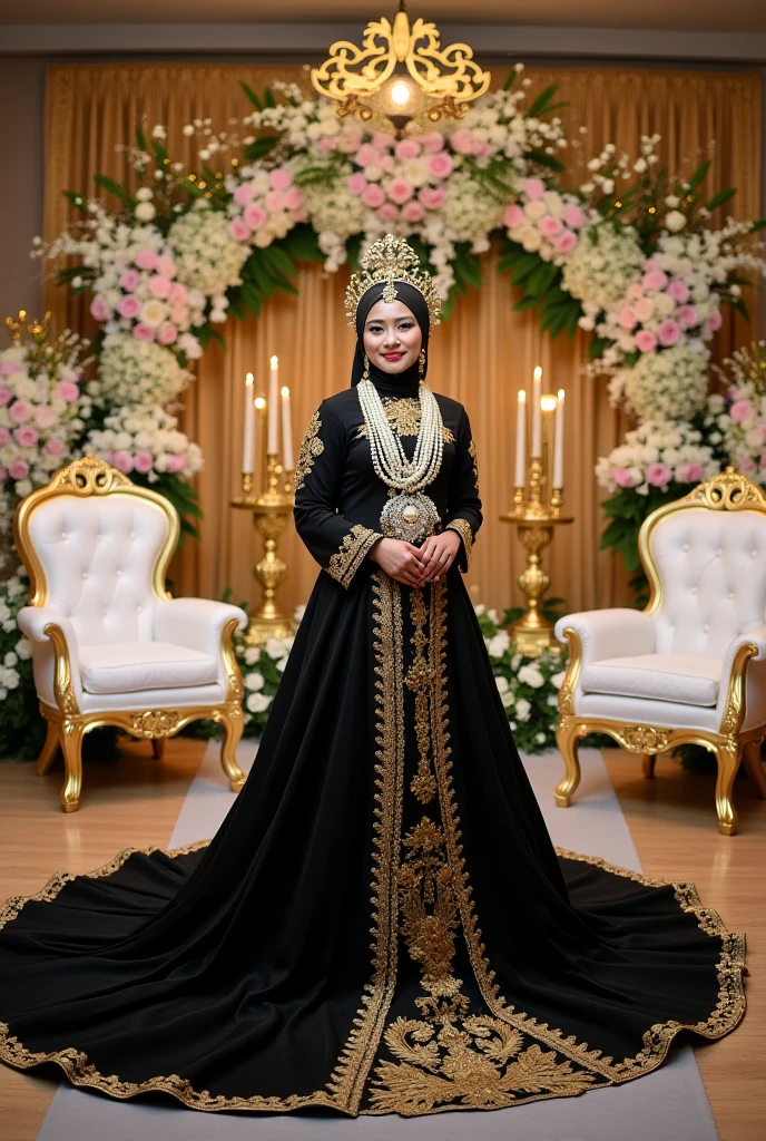 Capture the elegance of a Malay bride as she stands in a beautifully decorated Malay traditional wedding setting. The bride, adorned in a stunning and intricate baju kurung or kebaya, wears a hijab with delicate embellishments. Enhance the image with soft, warm lighting to emphasize the bridal attire's intricate details and create a sense of romance and cultural richness. Ensure the backdrop reflects the grandeur of a Malay wedding, complete with traditional elements and floral decorations.