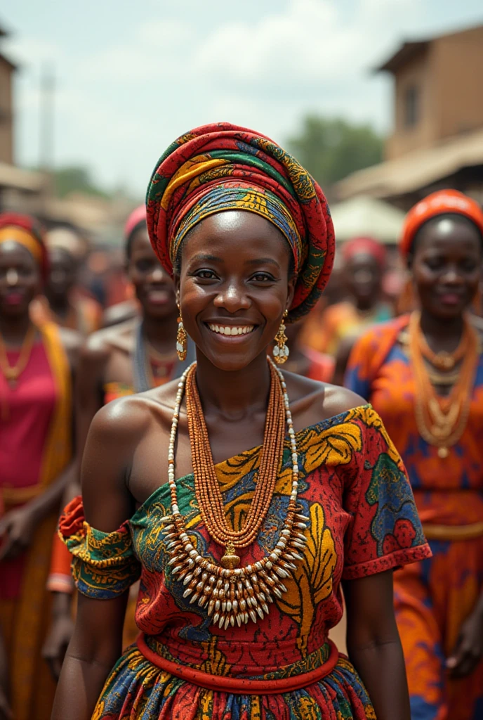 /imagine prompt: A radiant Gabonese woman in traditional attire, standing proudly in a vibrant marketplace, elegance, grace, poise, surrounded by colorful fabrics and local produce, exuding confidence and cultural pride, realistic portrait style, warm natural lighting enhancing her features, rich earthy tones, Canon EOS R5 capturing intricate details, 85mm lens for a portrait shot, --ar 9:16 --v 6 --stylize 300 --quality 1