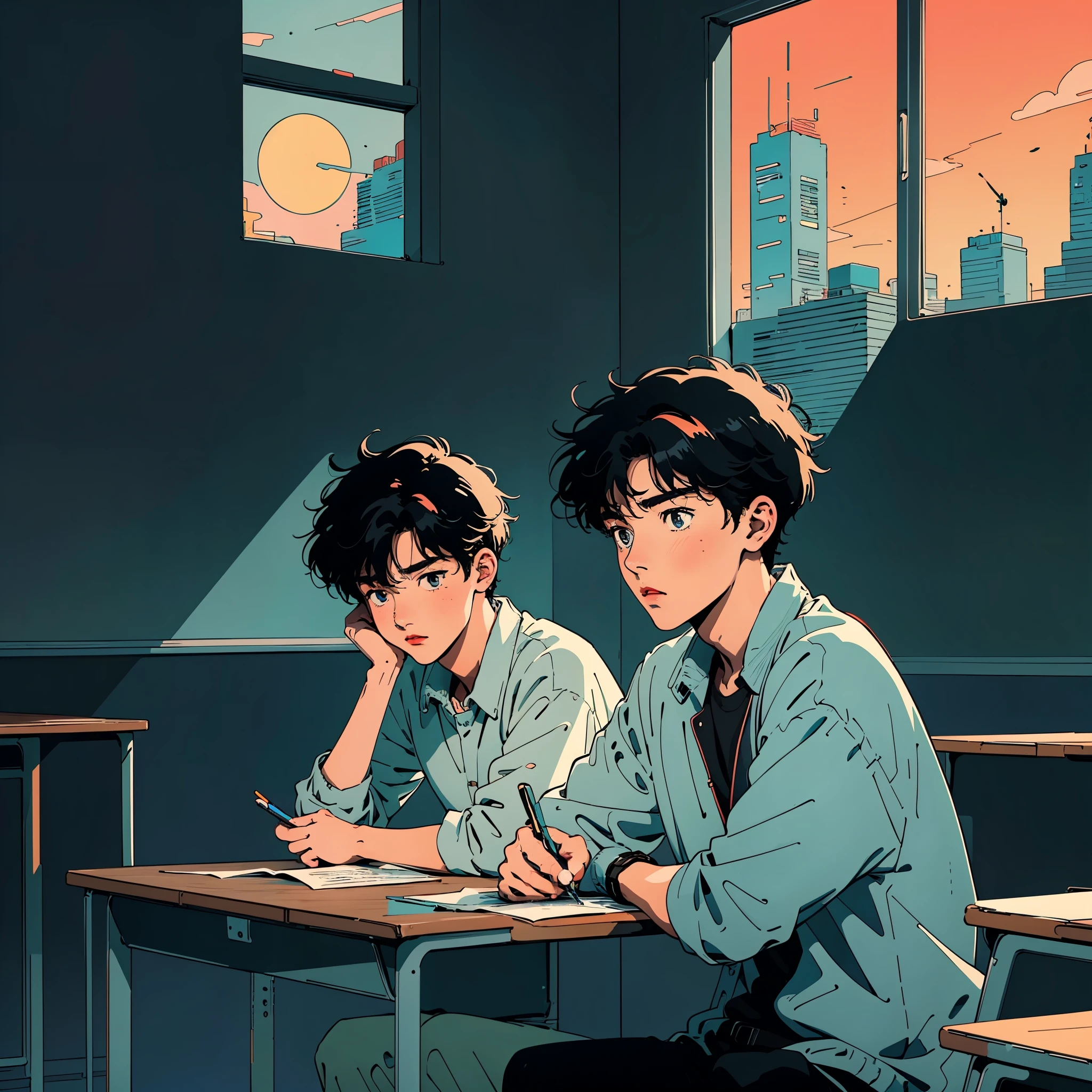 animeの男子学生が教室で勉強している, Large classroom,Boy in uniform, boy writing letters on a notebook on his desk,The classroom has a desk and chair 、 I can see the evening city outside the window ,anime aesthetic, anime vibes, lo-fi art style with red lipstick , lo-fi portrait by the window, Watching the sunset. anime, noble boy , anime art wallpaper 4 k, anime art wallpaper 4k, anime art wallpaper 8 k, anime background art, lophy color, Lofi Art, anime asthetic,Masterpiece, best quality , rainbow style , anime, beautiful asian boy , Along the Hawaiian Coast, Cute and Dreamy ,anime, illustrator , Lofi Girl , Blues,landscape,sunset, 2Dスタイルanime, Analog Color Themes 、 Ghibli style ,、Tokyo, 【Contemporary