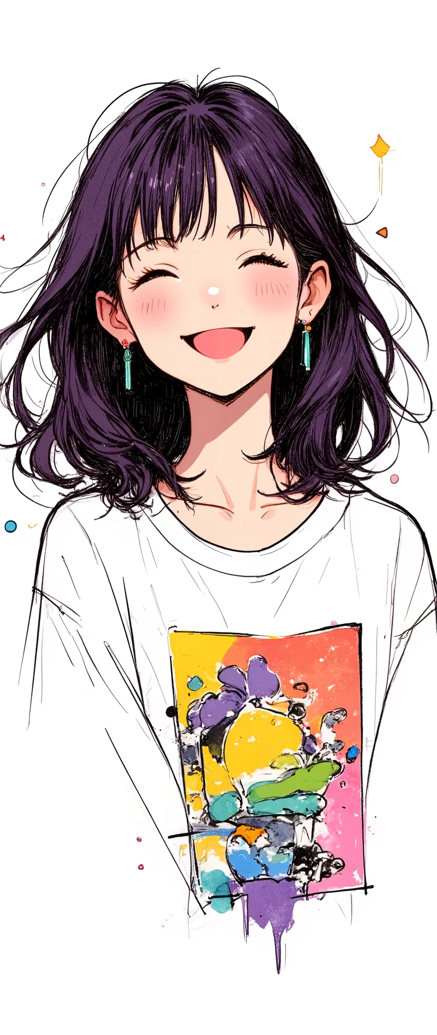 Masterpiece, illustration, vector art, a woman is wearing a pop t-shirt,,smile, is cute