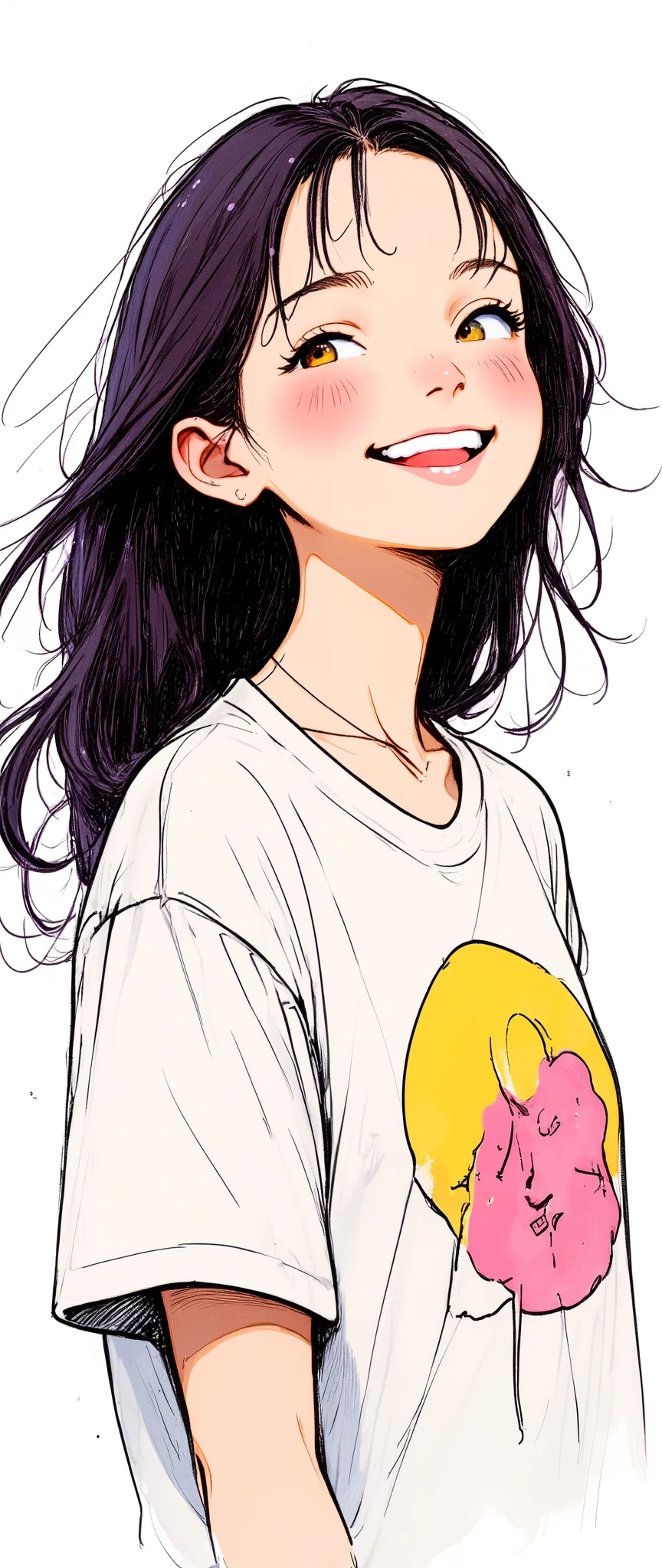 Masterpiece, illustration, vector art, a woman is wearing a pop t-shirt,,smile, is cute