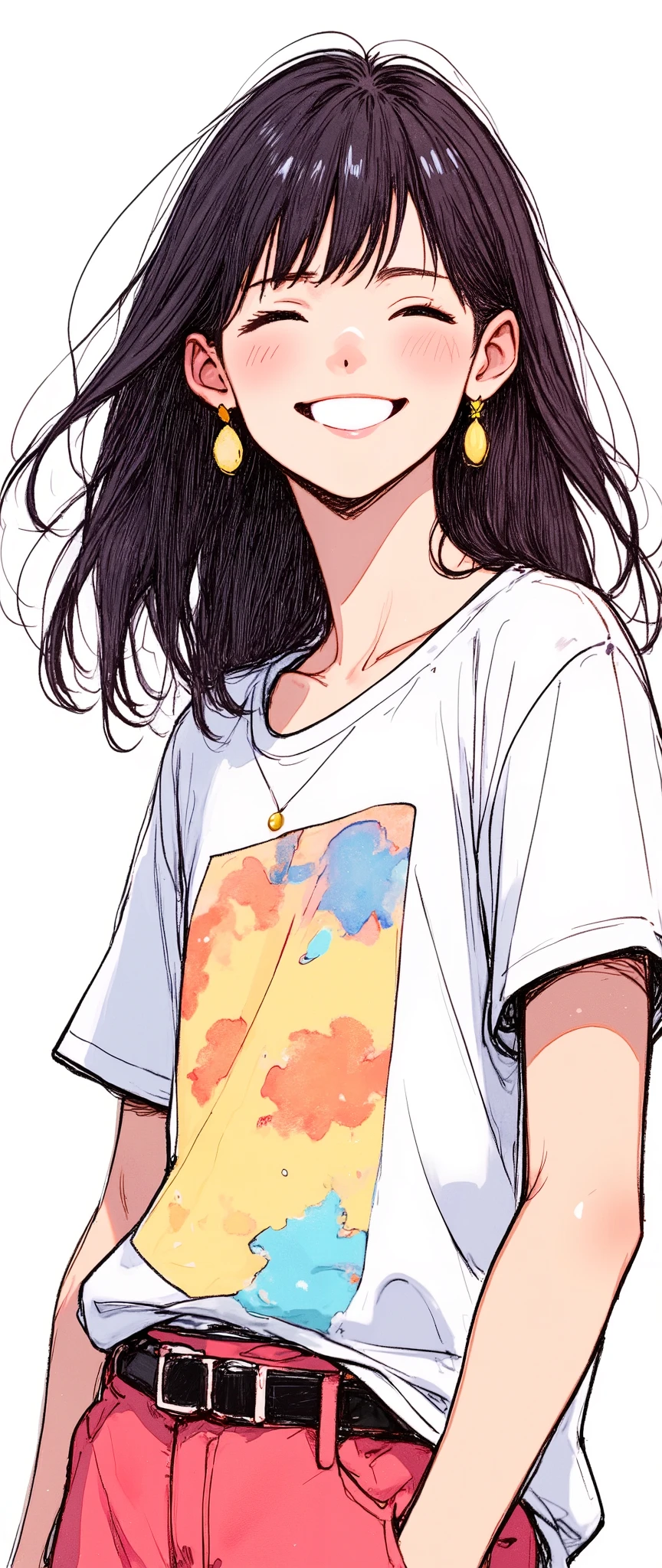 Masterpiece, illustration, vector art, a woman is wearing a pop t-shirt,,smile, is cute