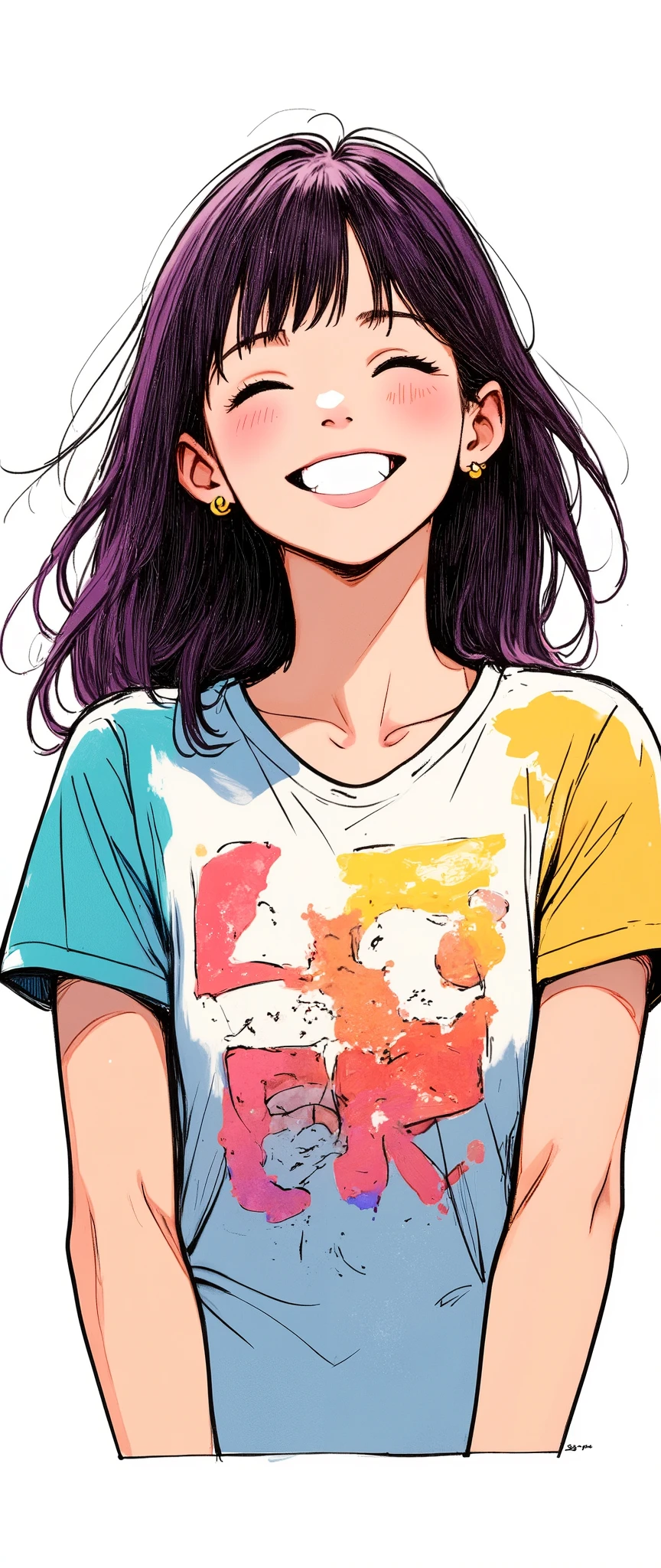 Masterpiece, illustration, vector art, a woman is wearing a pop t-shirt,,smile, is cute