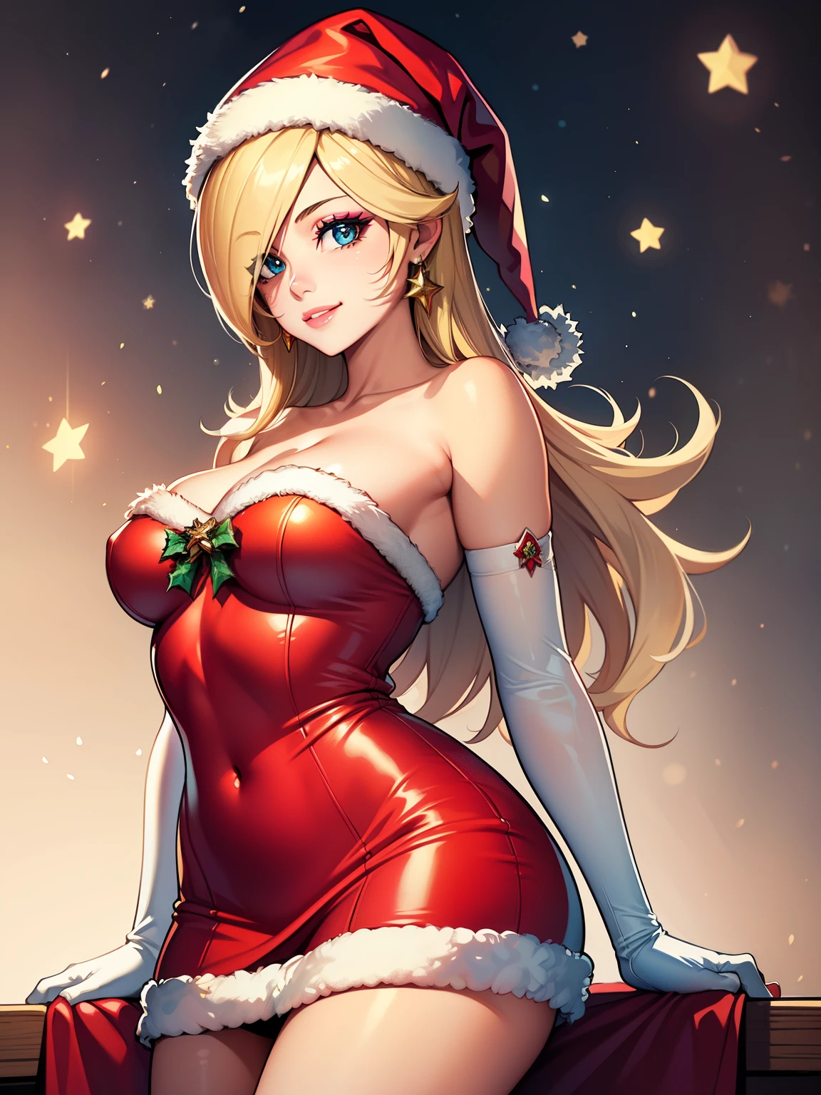 1girl, solo, masterpiece, best quality, high res, highly detailed, (illustration), beautiful detailed eyes, AnnTak, blue eyes ,glossy lips, makeup, smile, long white elbow gloves, cowboy shot, (santa), red santa dress, santa hat, strapless dress, white elbow gloves, long white gloves