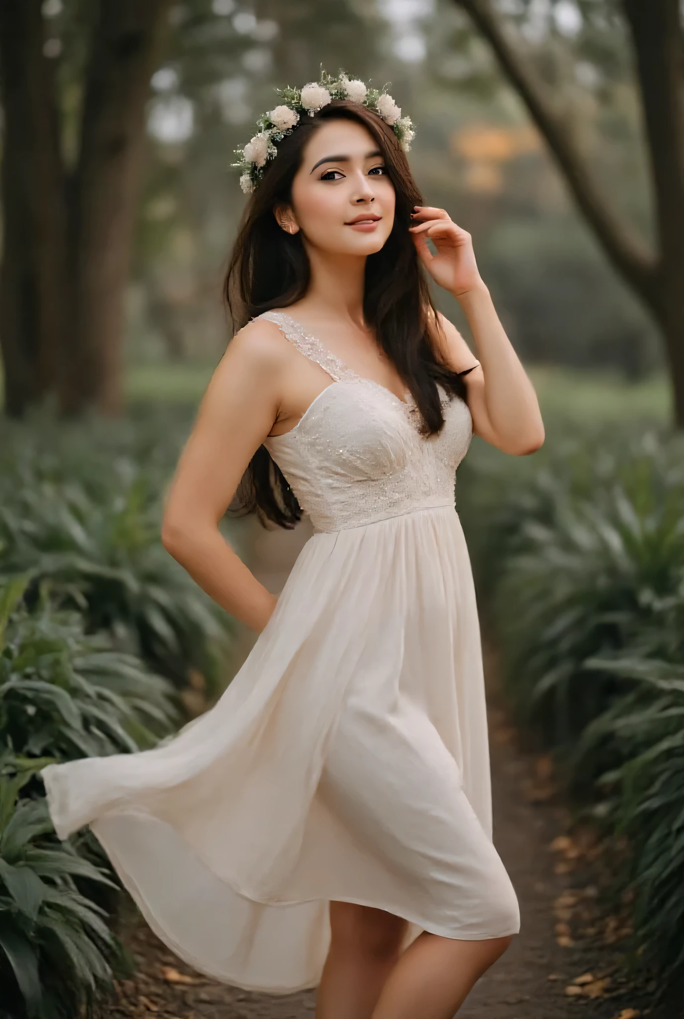 masterpiece, high detail, 8k, best quality, A beautiful young indonesian woman with dark brown long hair wearing a flower crown, big breast 1.8, saggy breast 1.5, curvy body, slim waist, wide hips, perfect body, standing in the dark forest barefoot, with a little sunlight shining on her body from between the trees, yellow leaves falling, her eyes focused on the camera, a faint smile, surrounded by a sea of green leaves. She is wearing a thin white dress hair and dress blowing in the strong forest wind, the dress really suits her character covering her curvy body gracefully, dark atmosphere, side back view, dynamic pose. Realistic,