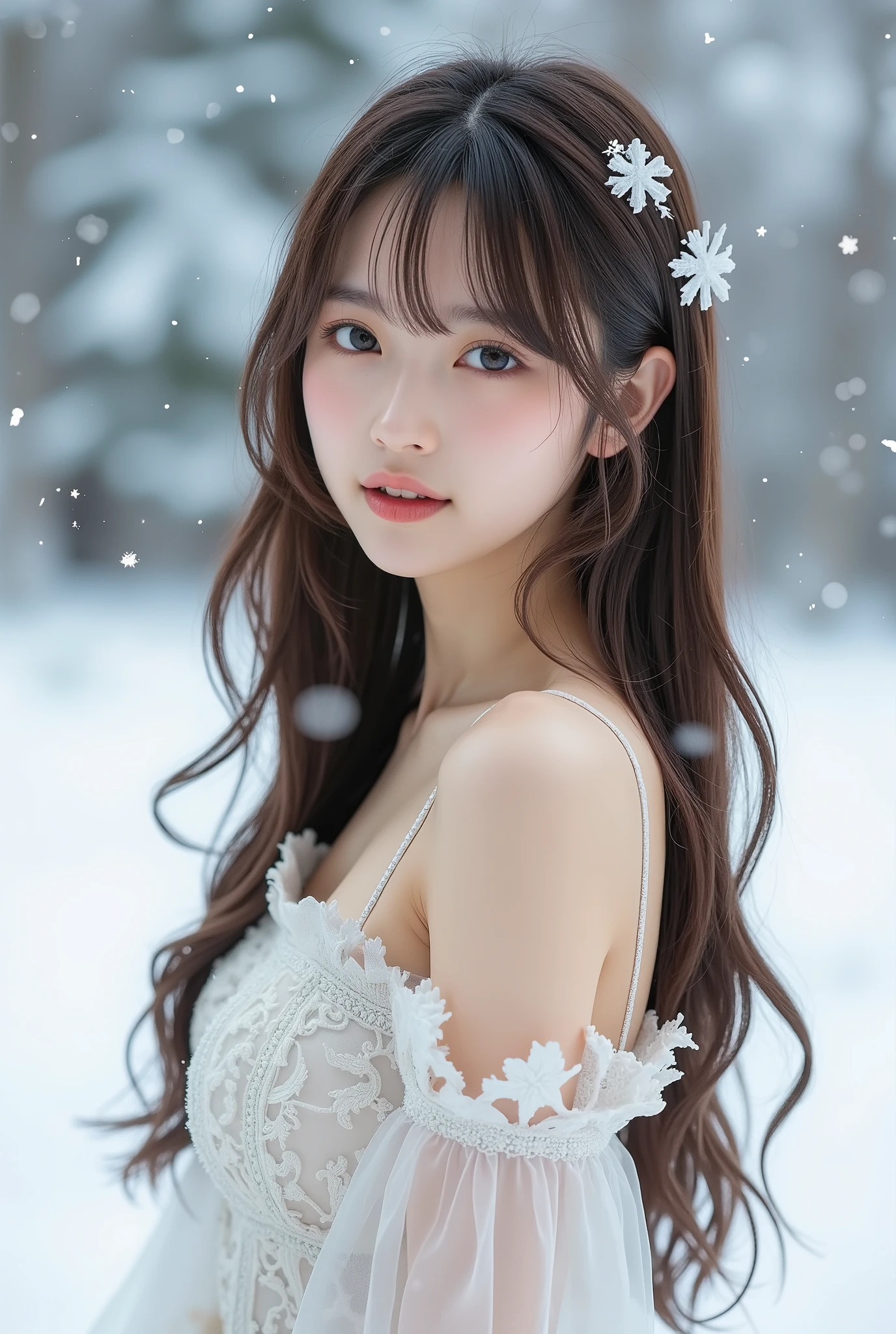 RAW photo, Photorealistic , Beautiful Woman、 Cute Girl 、 body shot 、 Snow Scenery 、