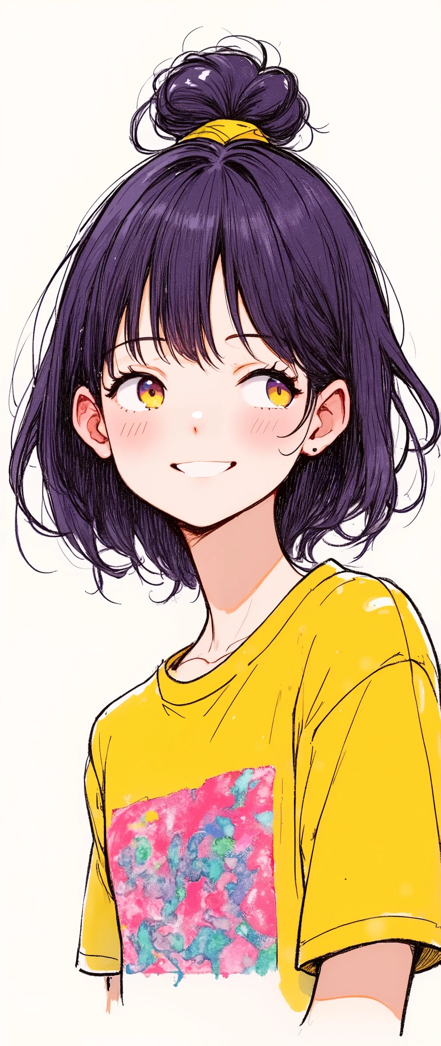 Masterpiece, illustration, vector art, a woman is wearing a pop t-shirt,smile, is cute , detailed face