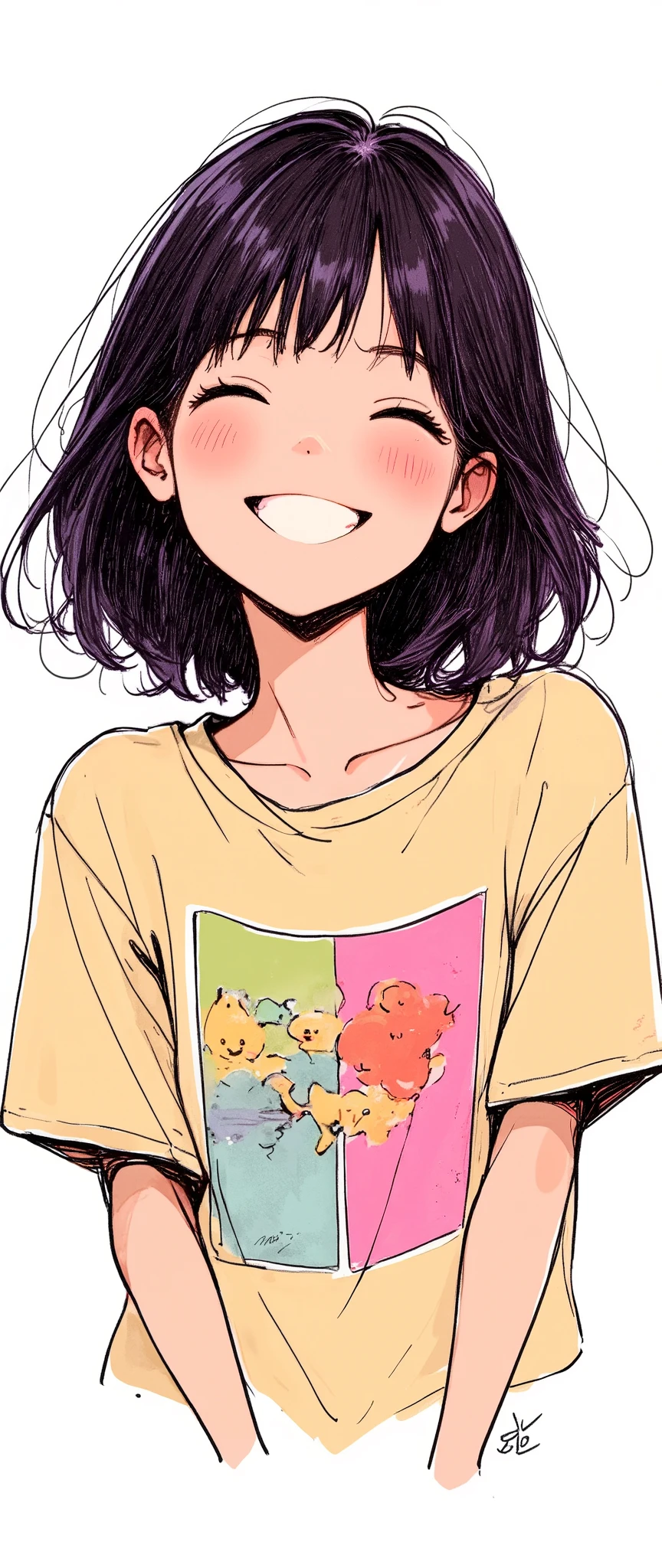 Masterpiece, illustration, vector art, a woman is wearing a pop t-shirt,smile, is cute , detailed face