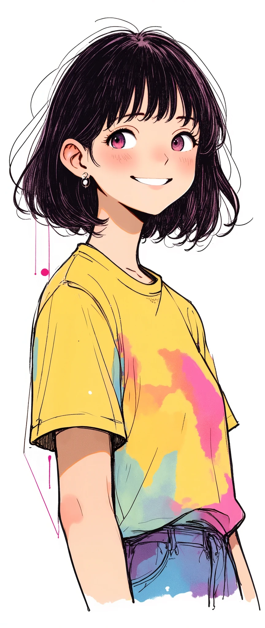 Masterpiece, illustration,  vector art, a woman is wearing a pop t-shirt,smile,  is cute , detailed face
