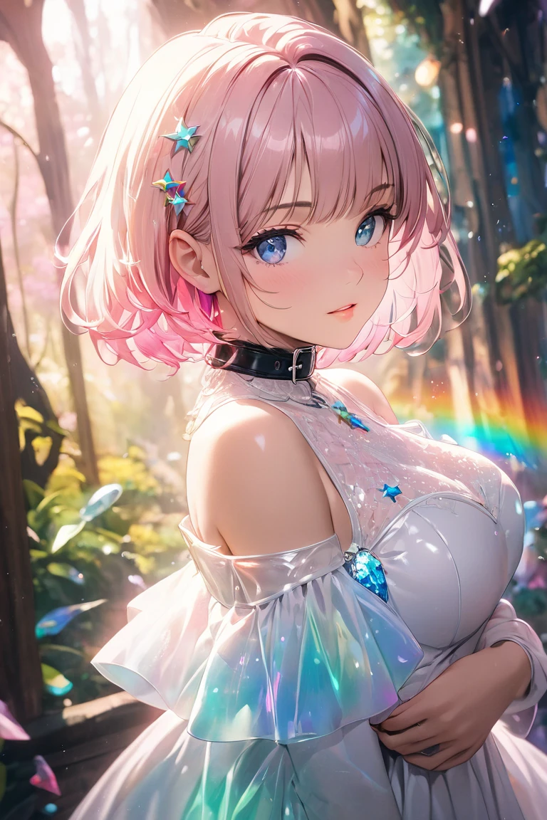 Pink and light blue dreamy hair Wave Shorthair Purple Eyes Beauty Starry Dress White bouquet beautiful