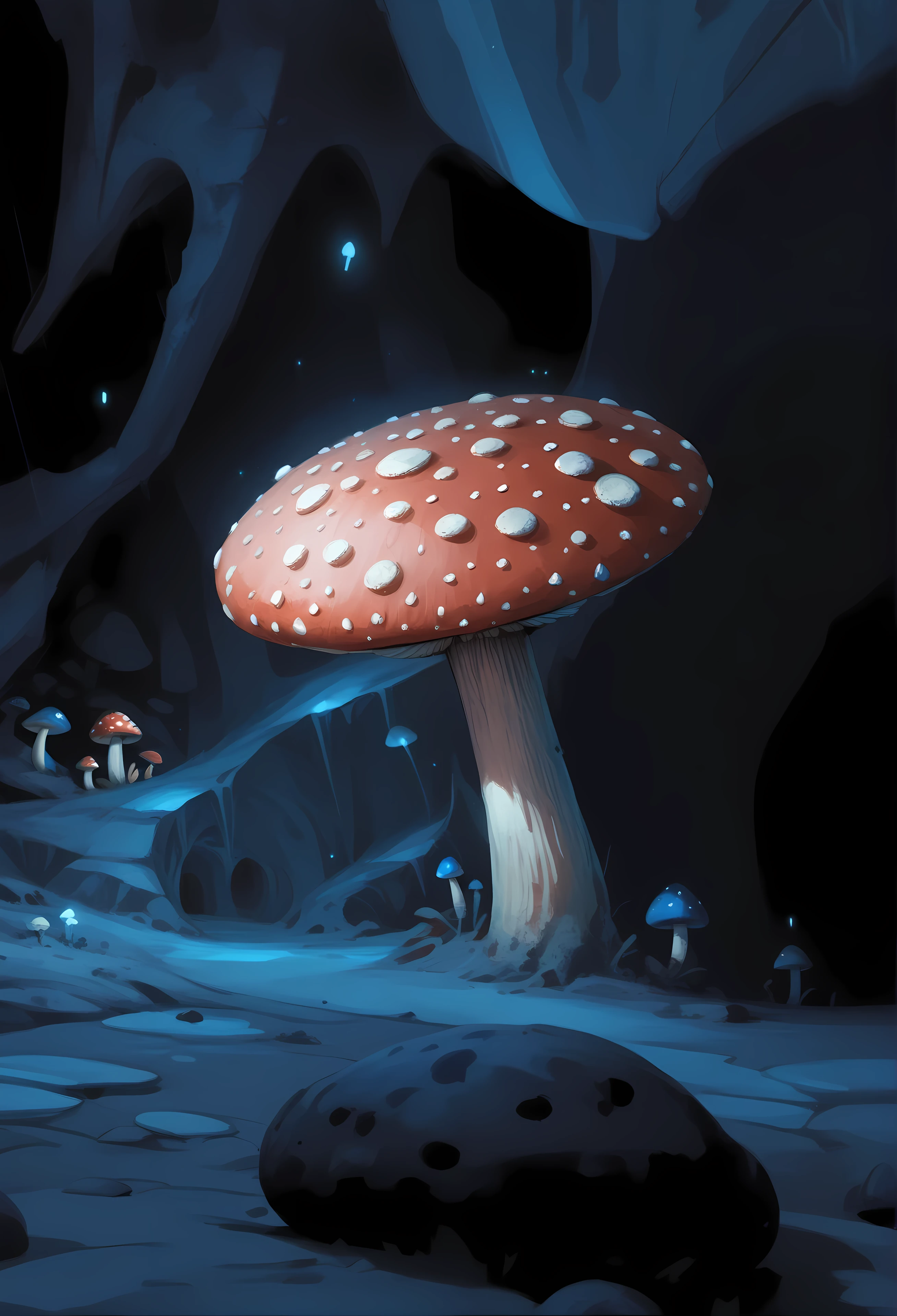 Looking up, cartoon style ,Red mushrooms, comic style,Mushrooms in the cave ,shady cave, Mushrooms in the corner of the cave, Dim Light, Blue ambient lighting ,colored mushrooms,UE5 Rendering