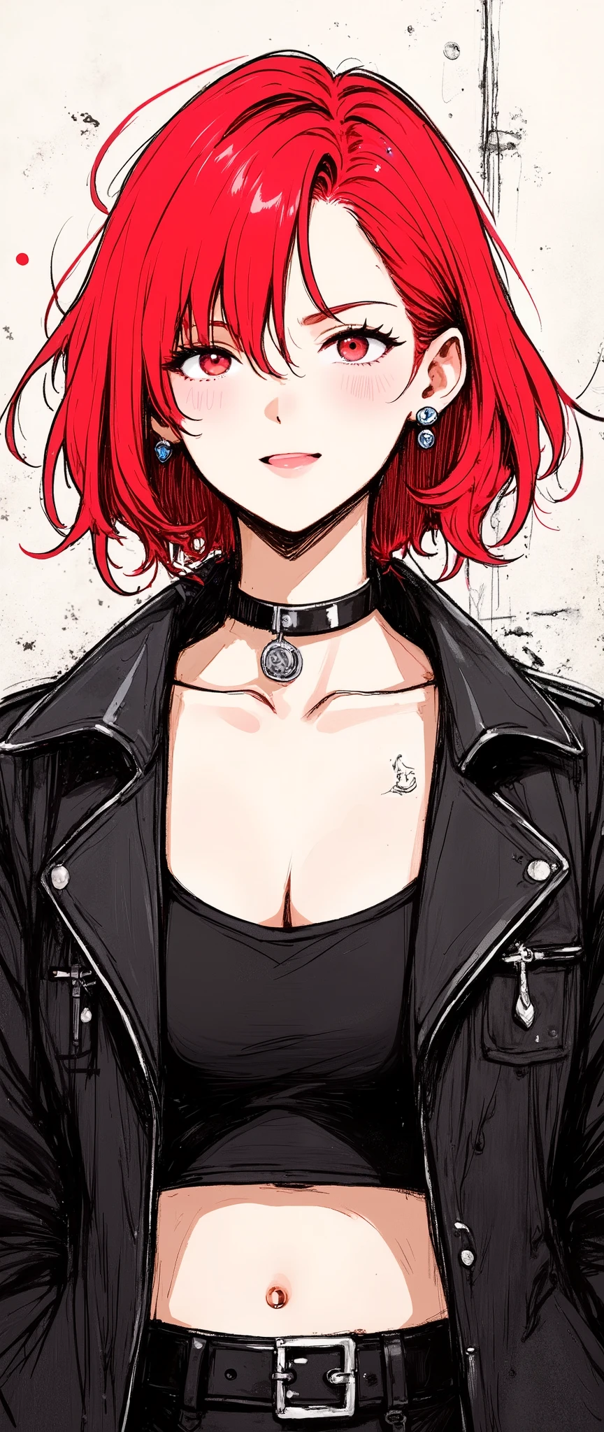 Masterpiece, illustration, vector art,, Abstract, 1 girl, Perfect face details, Close View , sexy,Red Hair, staring at the viewer , leather jacket, black crop top , punk, beautiful eyes, cowboy shooting, punkアート, (背景はAbstract落書きされた壁)