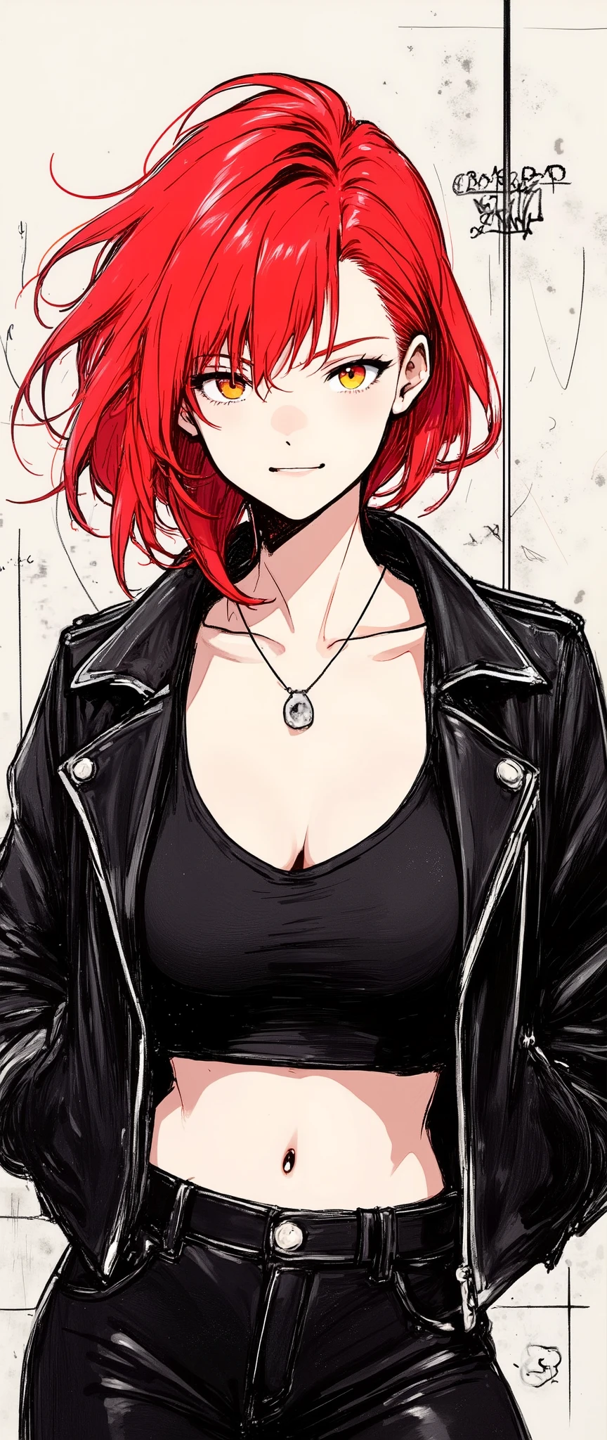 Masterpiece, illustration,  vector art,, Abstract,  1 girl, Perfect face details,  Close View , sexy,Red Hair,  staring at the viewer ,  leather jacket,  black crop top , punk,  beautiful eyes,  cowboy shooting, punkアート, (背景はAbstract落書きされた壁)