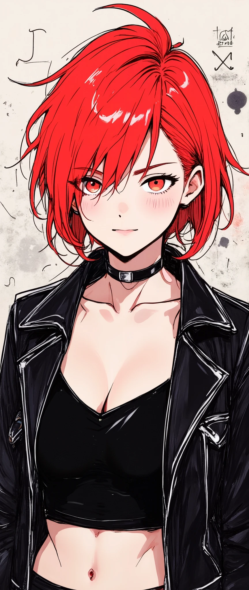 Masterpiece, illustration,  vector art,, Abstract,  1 girl, Perfect face details,  Close View , sexy,Red Hair,  staring at the viewer ,  leather jacket,  black crop top , punk,  beautiful eyes,  cowboy shooting, punkアート, (背景はAbstract落書きされた壁)