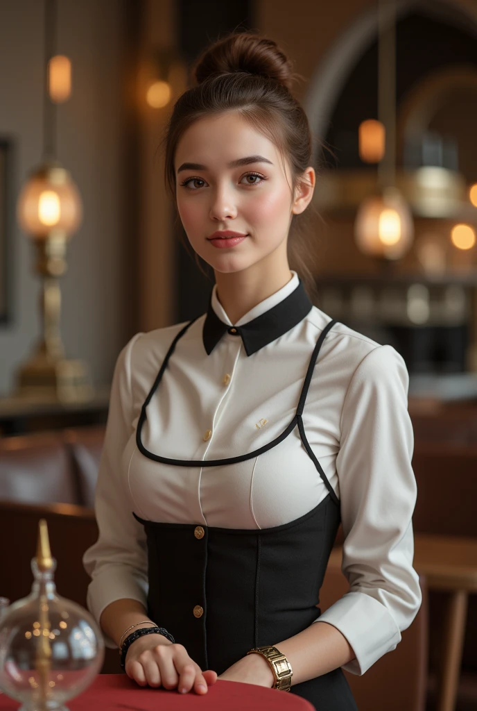 (8k, RAW photo, best quality, masterpiece:1.2), (realistic, photo-realistic:1.37), ultra-detailed,
1 girl,cute, solo,beautiful detailed sky,detailed cafe,night,sitting,dating,(nose blush),(smile:1.1),(closed mouth),large breasts, seductive smile, large aparture, professional lighting, Sony A7R4, Zessie 50mm F1.8,
medium breasts,beautiful detailed eyes,(collared shirt:1.1), bowtie,pleated skirt,(short hair:1.2),floating hair