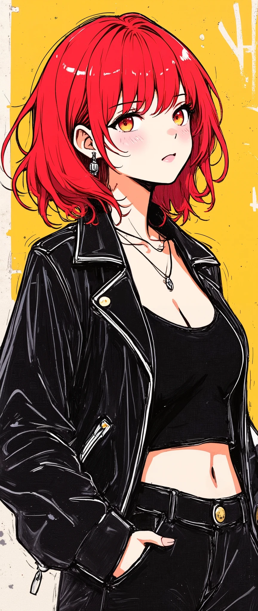 Masterpiece, illustration, vector art,, Abstract, 1 girl, detailed face, , sexy, Red Hair, staring at the viewer , leather jacket, black crop top , punk, beautiful eyes, whole body, punkアート, (The background is a pop graffiti wall)